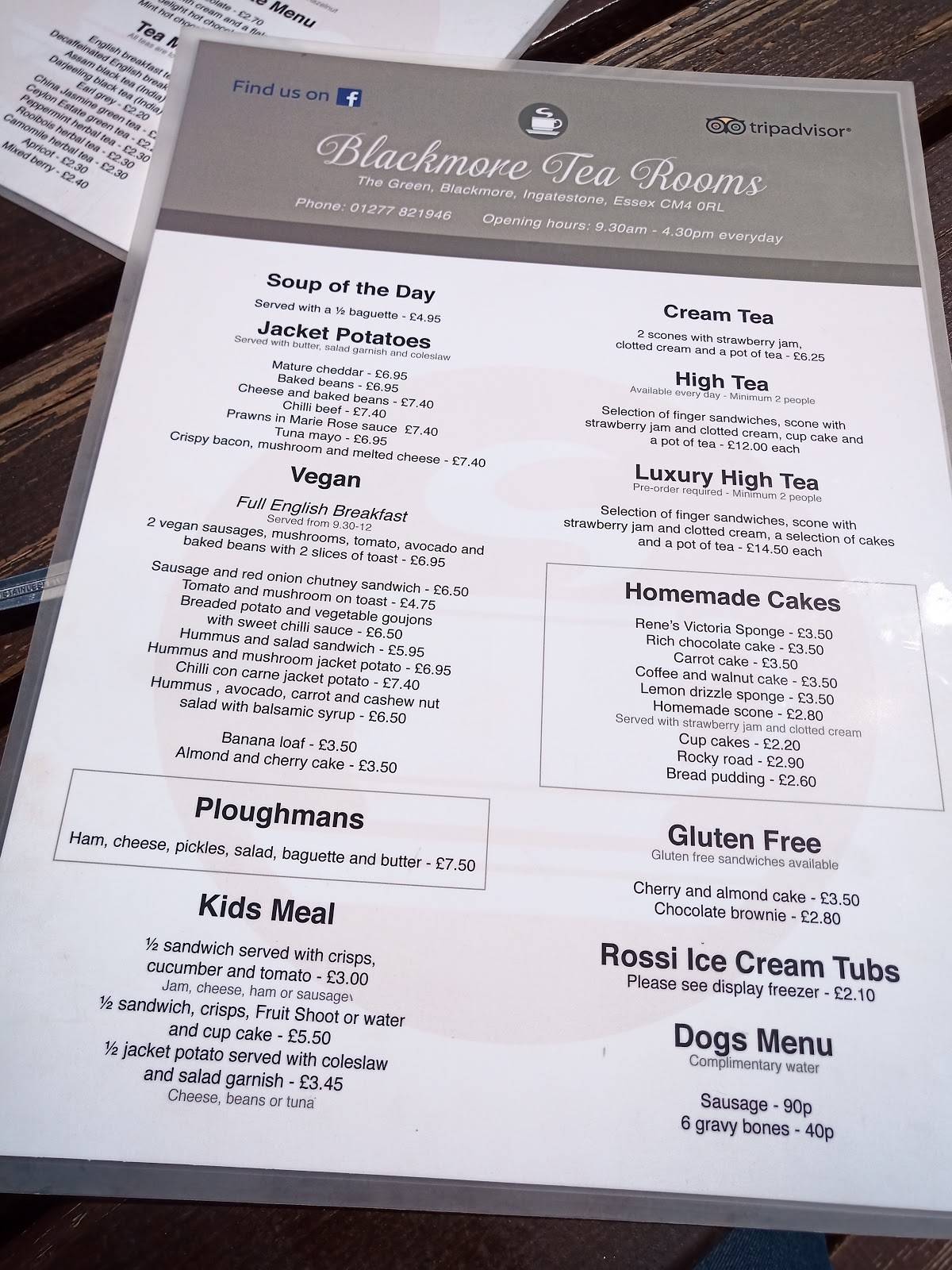 Menu at Blackmore Tea Rooms cafe, Ingatestone