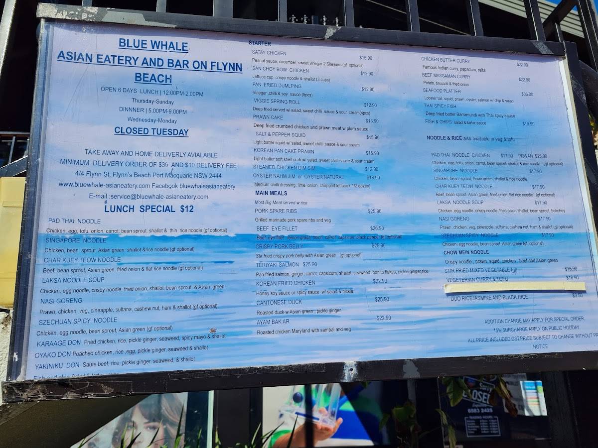 Menu at Blue Whale Asian Eatery restaurant, Port Macquarie