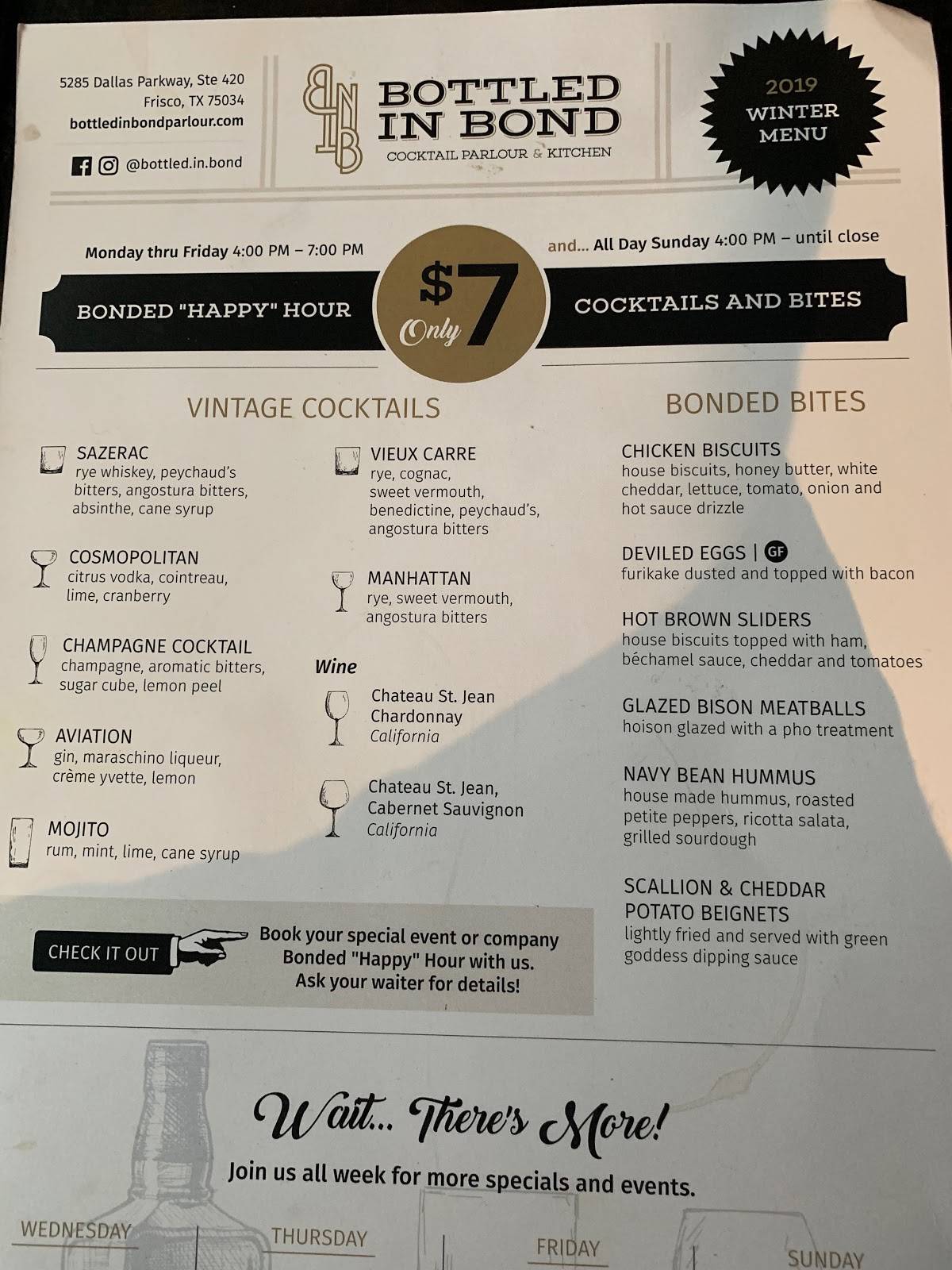 Menu at Bottled in Bond Cocktail Parlour & Kitchen pub & bar, Frisco