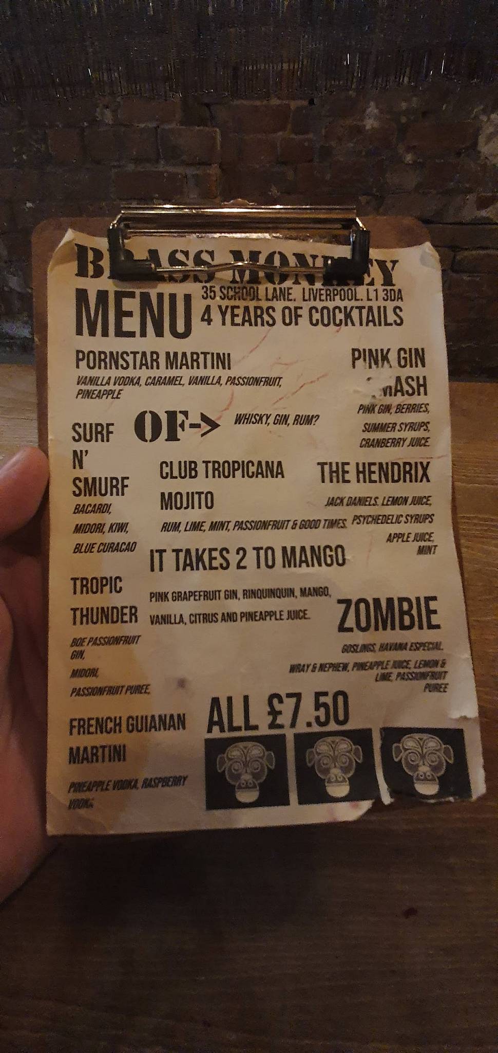 Menu at Brass Monkey pub & bar, Liverpool, 35 School Ln