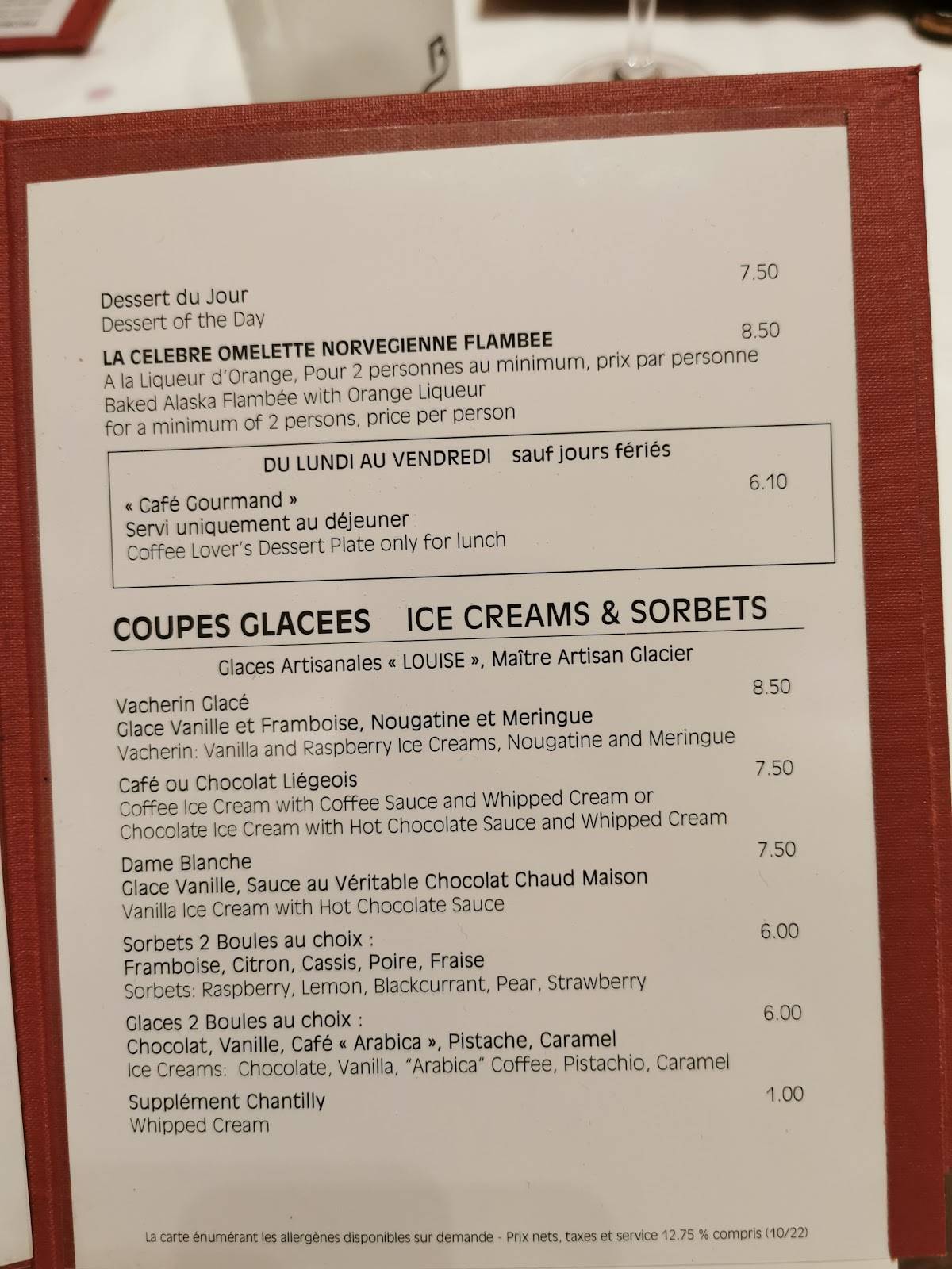 Menu au Brasserie restaurant, Lyon
