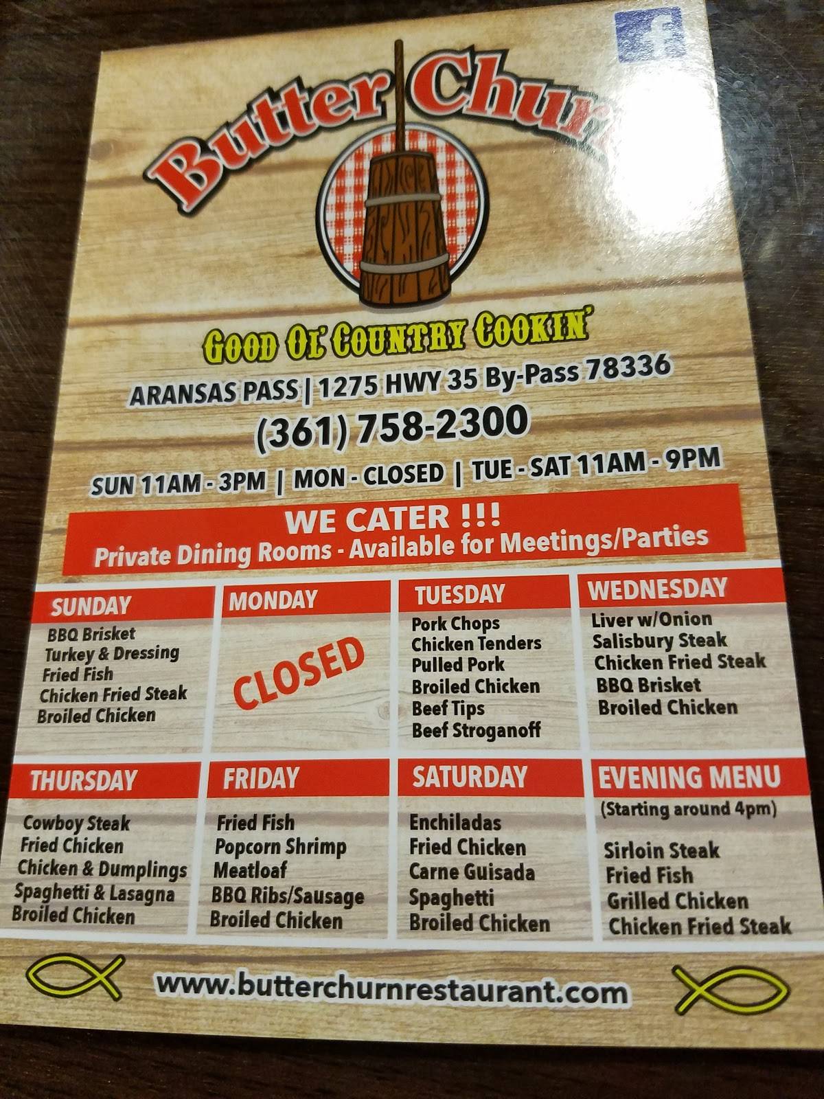 Menu at Butter Churn steakhouse, Aransas Pass, Hwy 35 Bypass