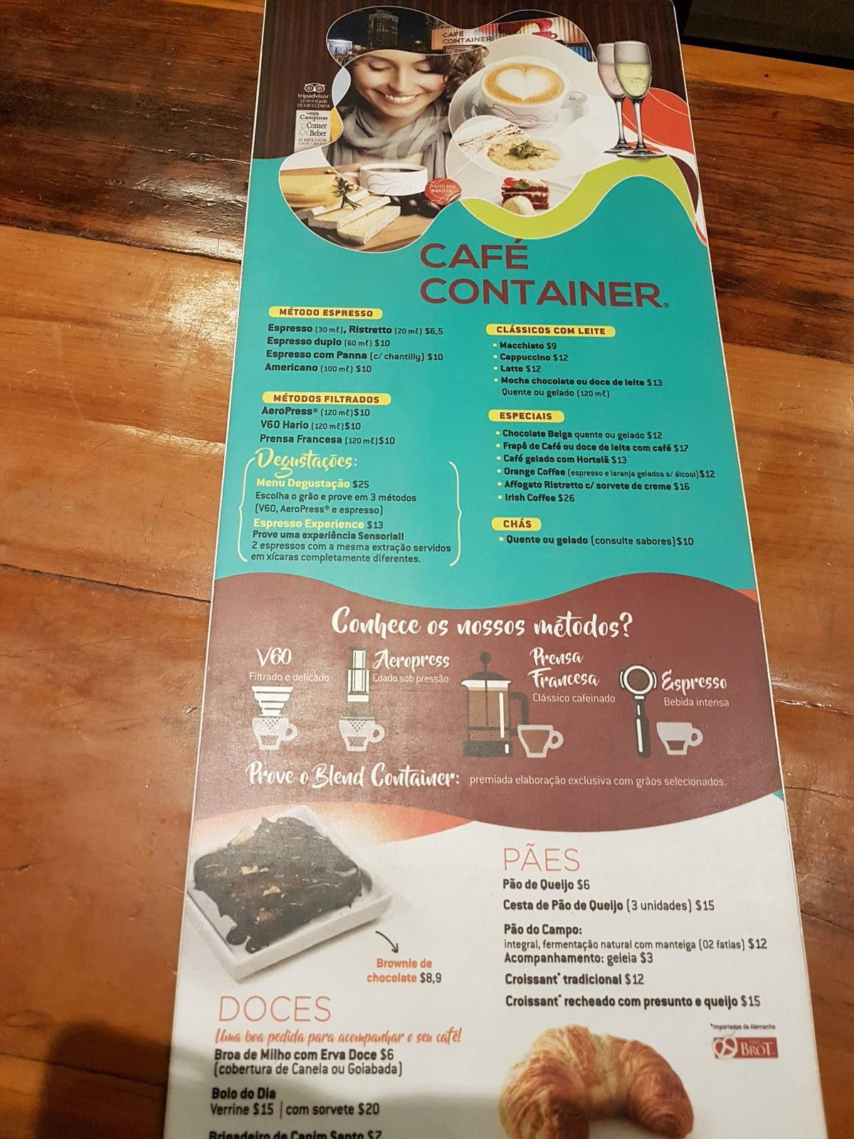 Menu em Café Container, Campinas