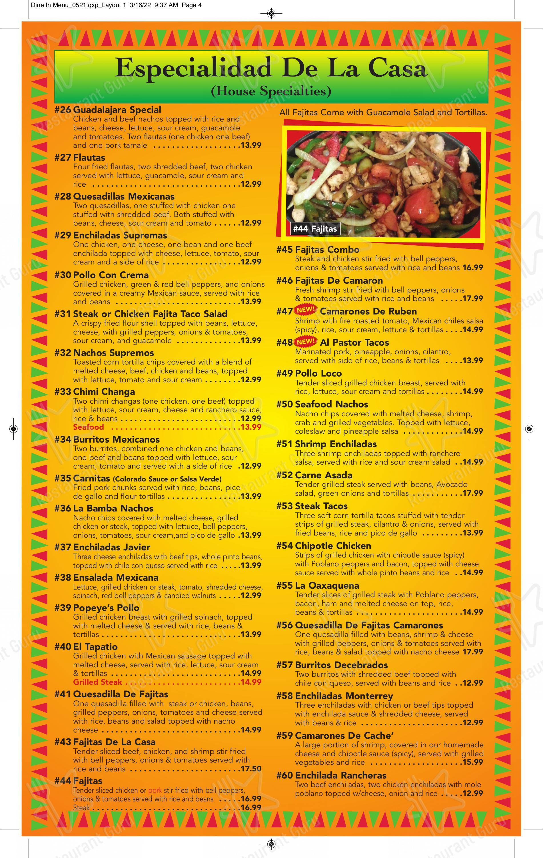 Menu at Casa Del Rio restaurant, Wadsworth