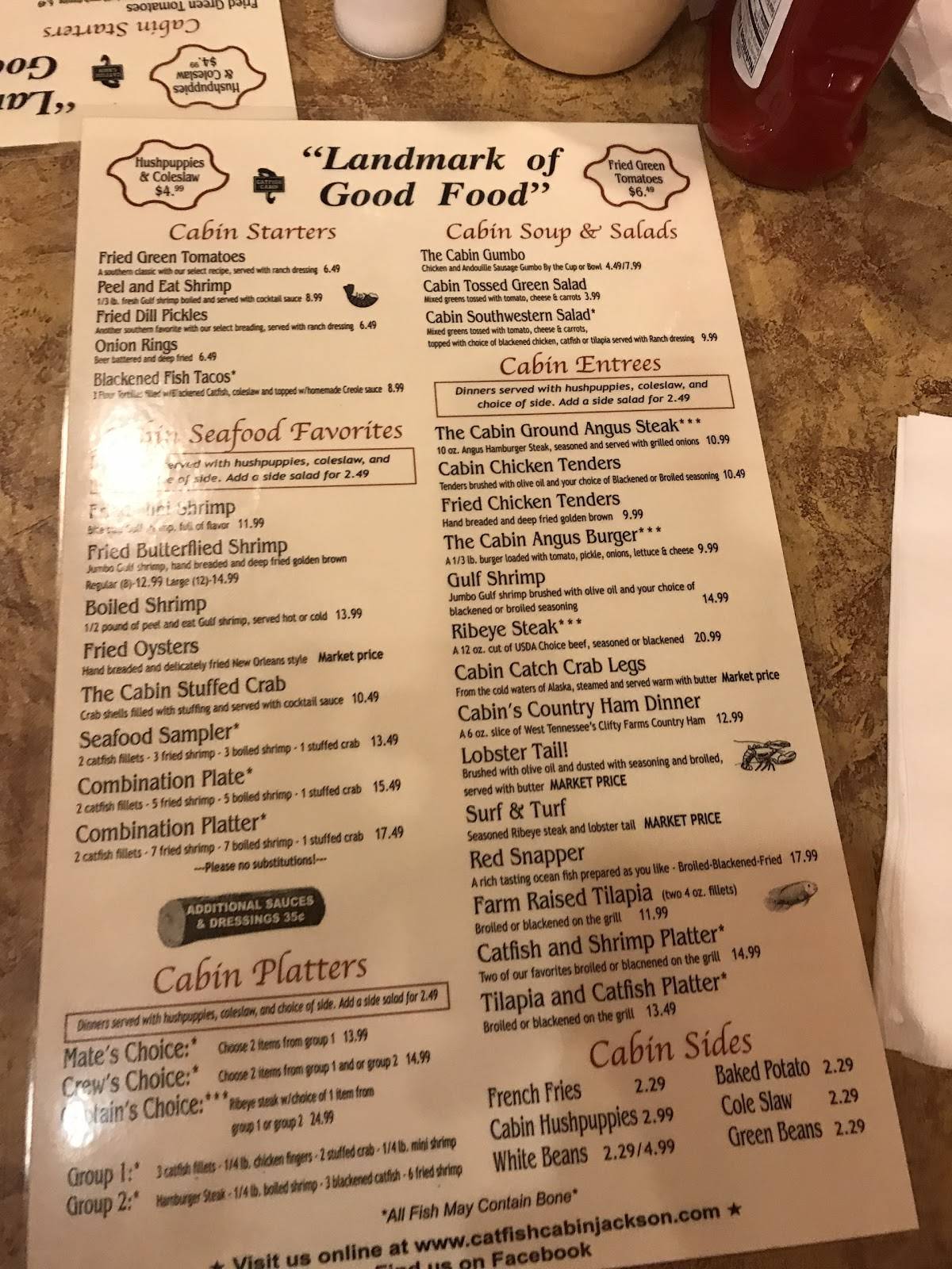 Menu at Catfish Cabin restaurant, Jackson, S Highland Ave