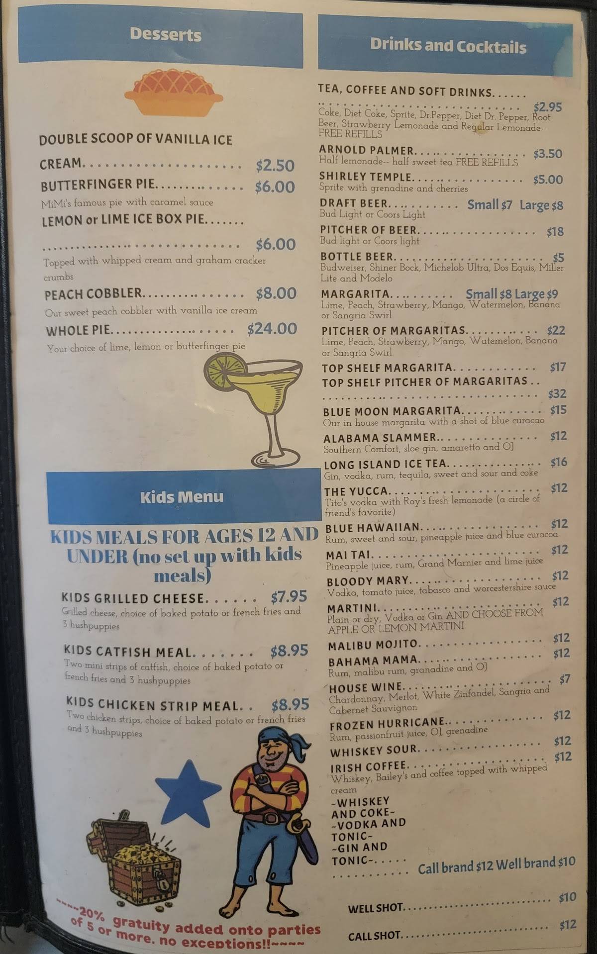 Menu at Catfish Sam's restaurant, Arlington