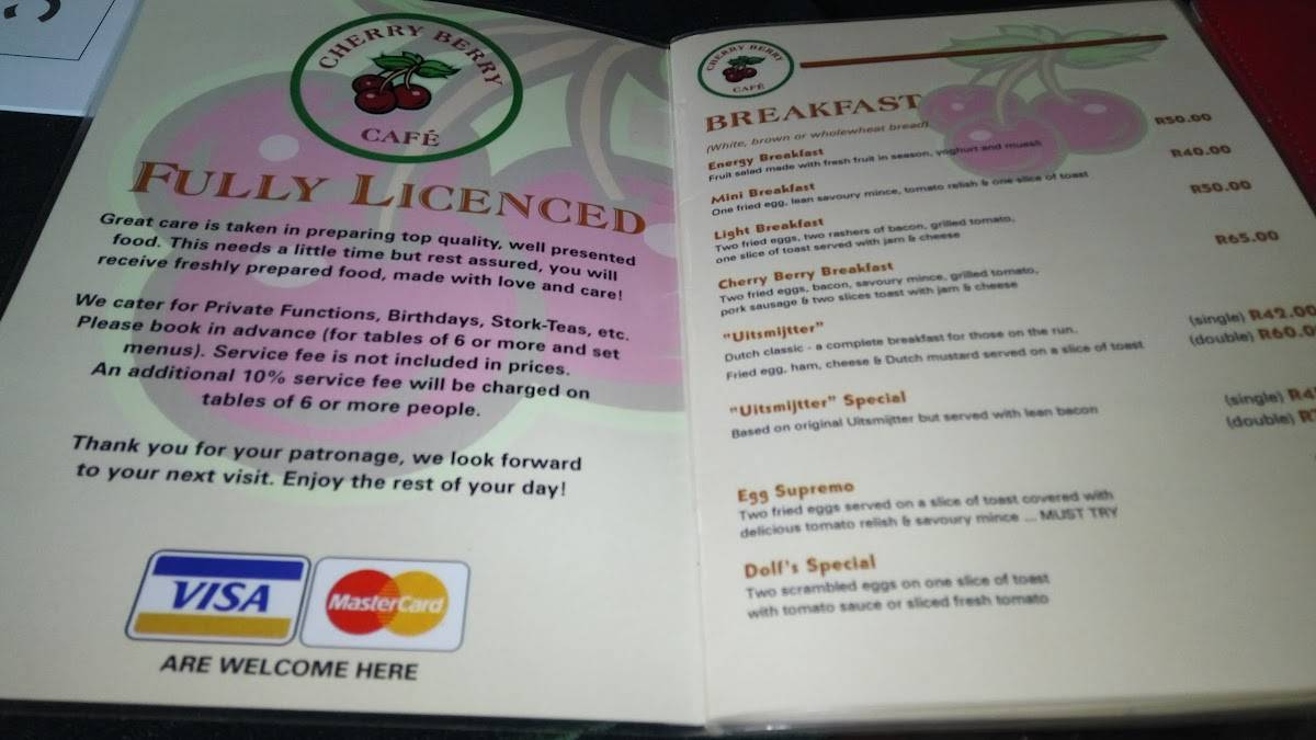 Menu at Cherry Berry cafe, Centurion