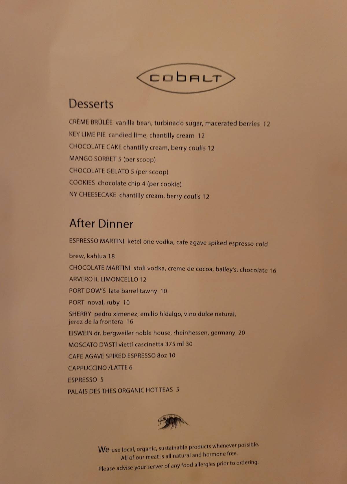 Menu at Cobalt pub & bar, Vero Beach