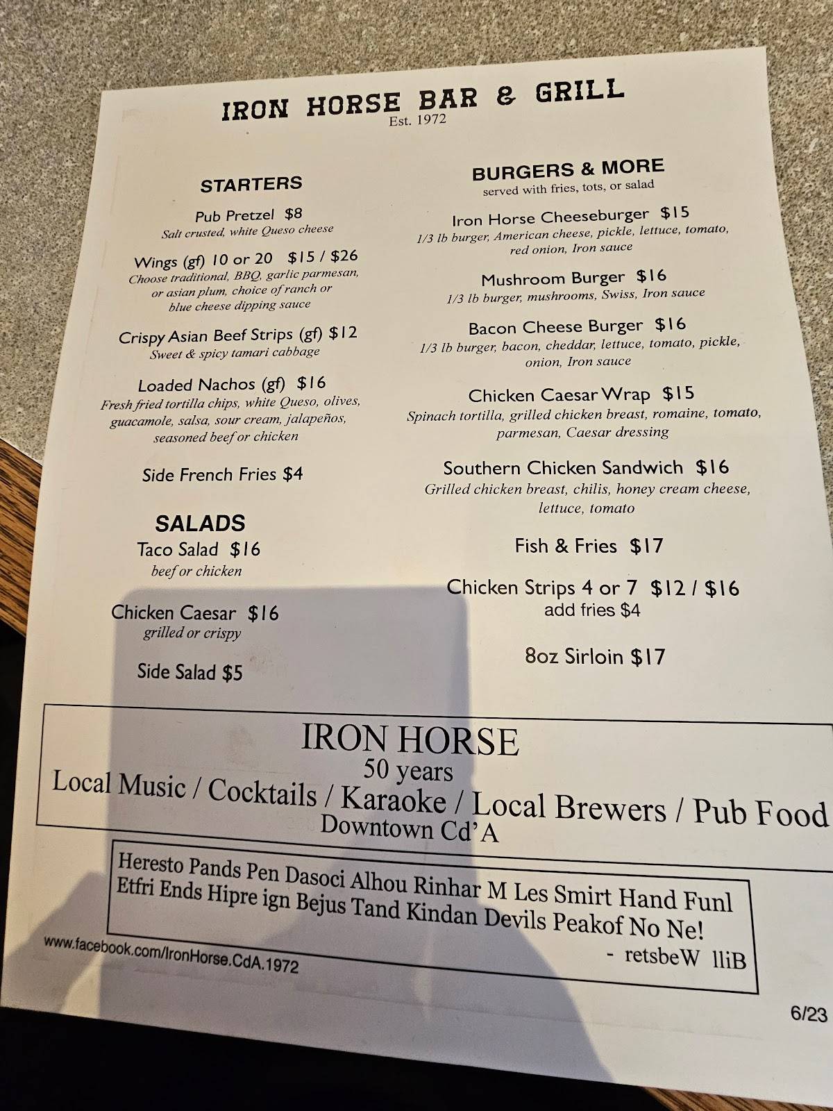 Menu at Iron Horse pub & bar, Coeur d'Alene