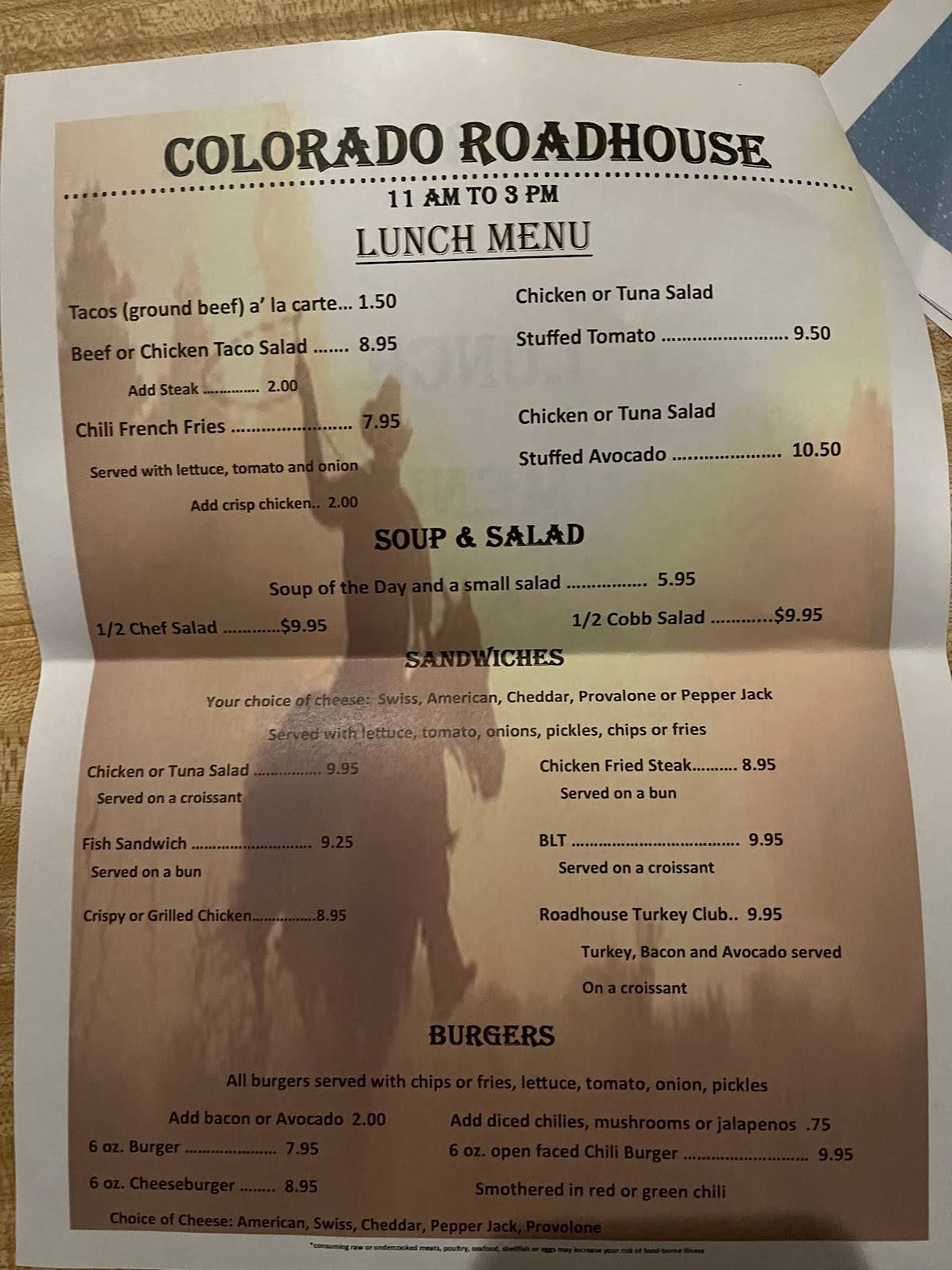Menu at Colorado Roadhouse restaurant, Pagosa Springs, 27B Talisman Dr 4