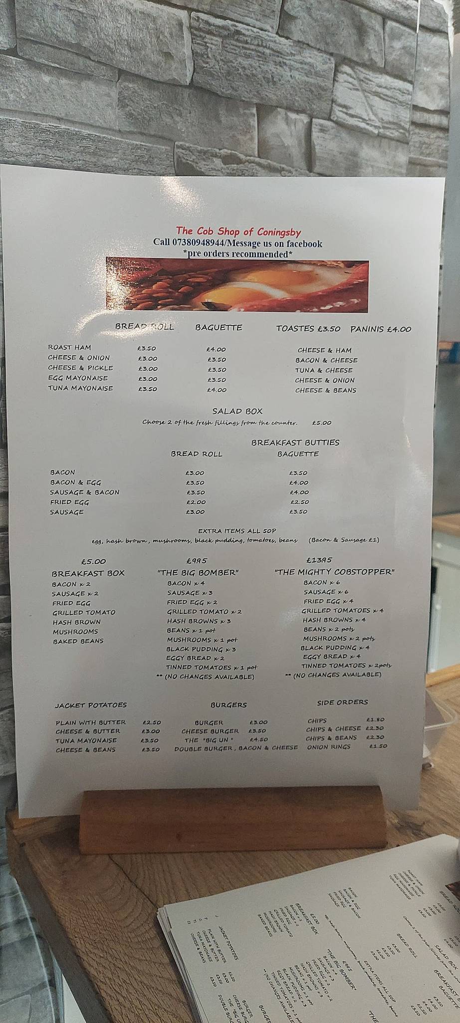 Menu at The Cob Shop restaurant, Coningsby