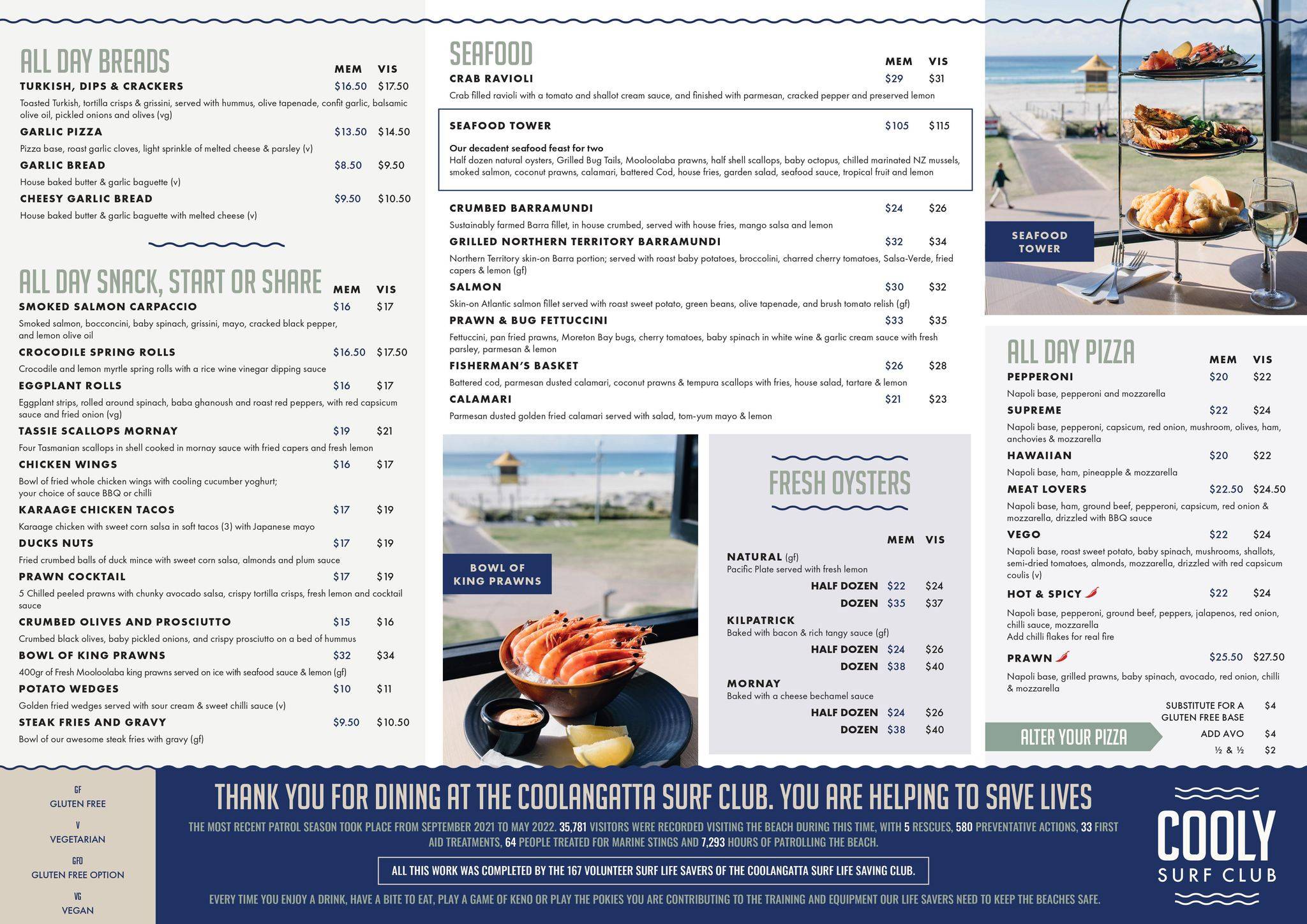 Menu At Coolangatta Surf Club Coolangatta Marine Parade