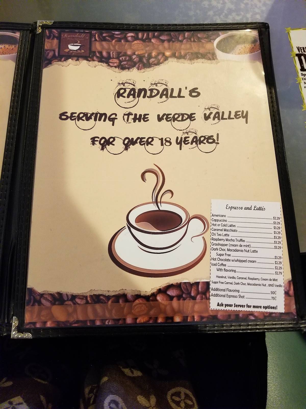 Menu at Randall's Restaurant, Cottonwood