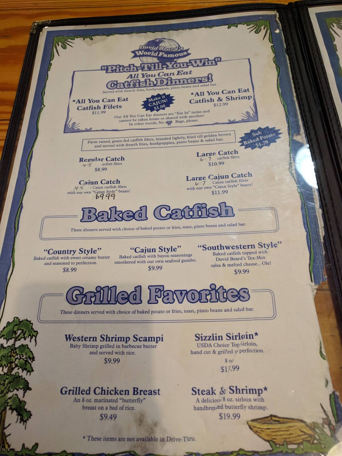 Menu at David Beard's Catfish King restaurant, Livingston, US59 Loop N