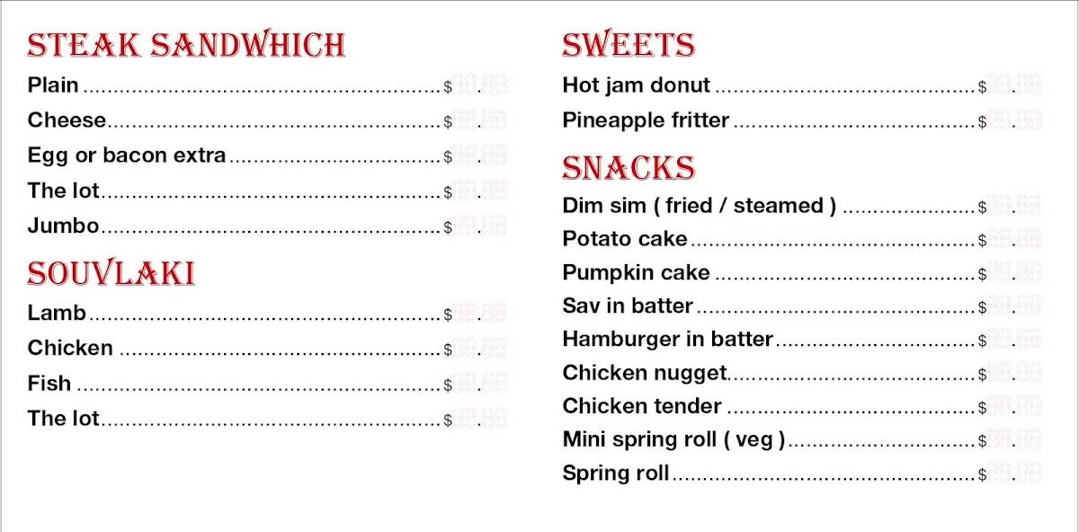 Menu at Dorothy Street Take Away fast food, Leopold