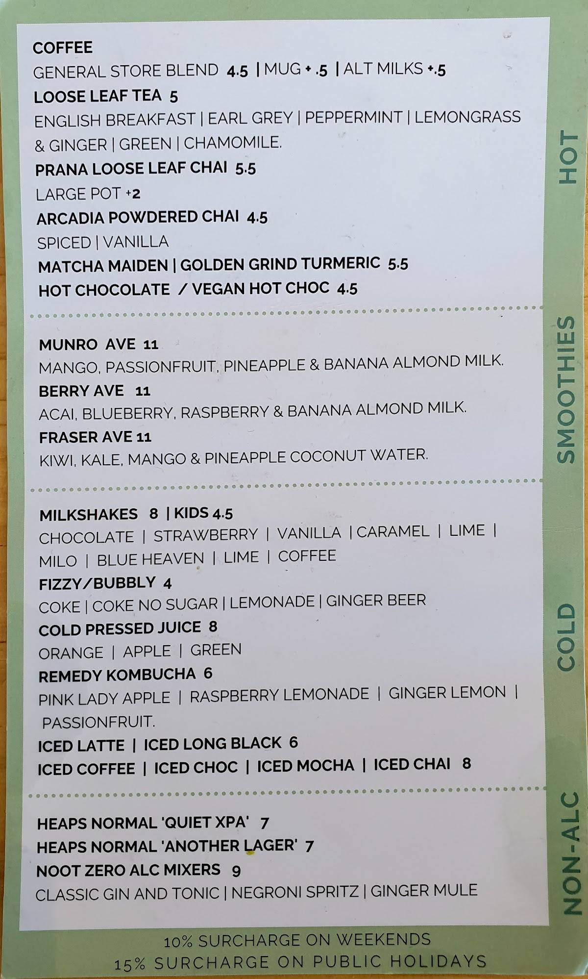 Menu at Edithvale General Store cafe, Edithvale