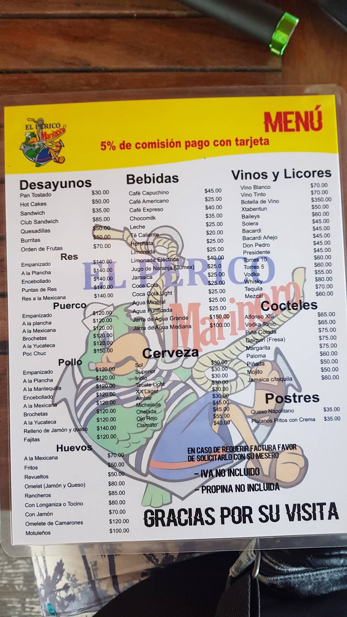 Carta Del Restaurante El Perico Marinero R O Lagartos