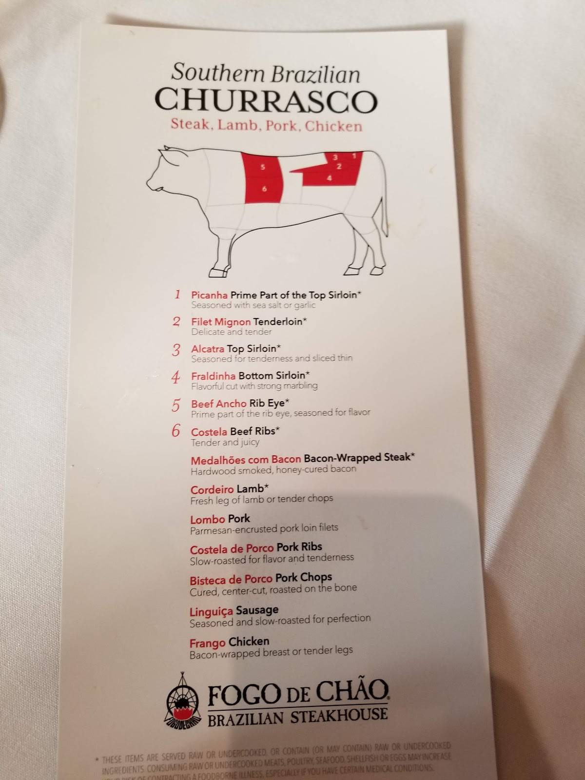 Menu at Fogo de Chão Brazilian Steakhouse, King of Prussia