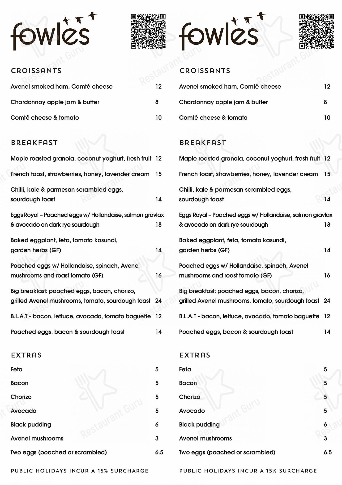 Menu at Fowles Wine cafe, Avenel