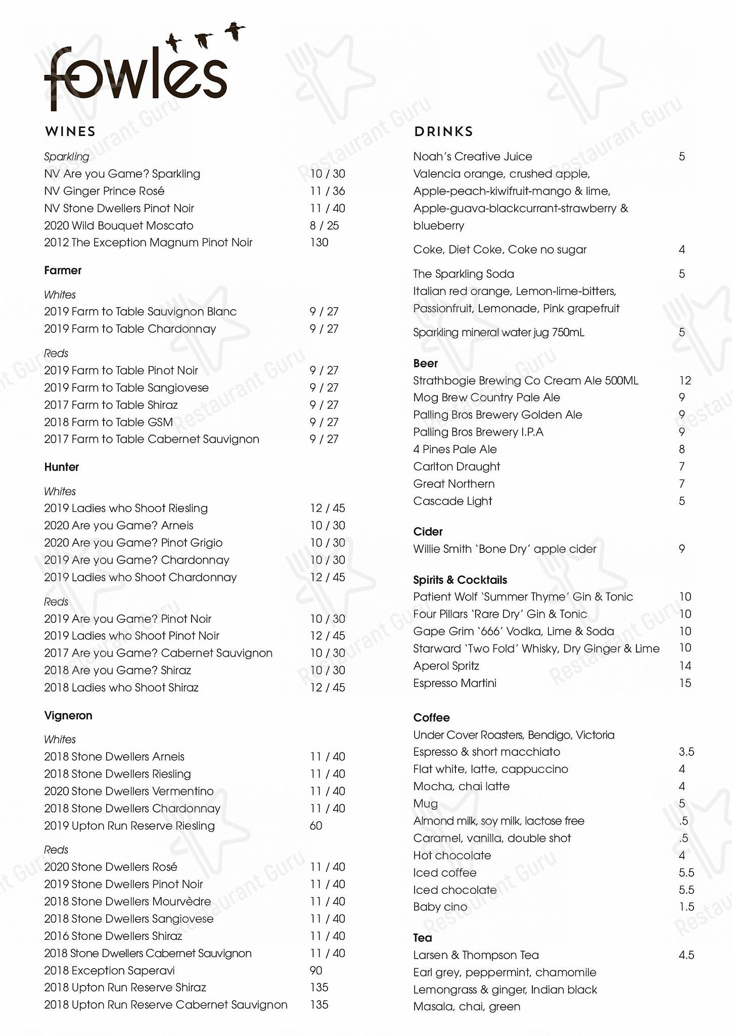 Menu at Fowles Wine cafe, Avenel