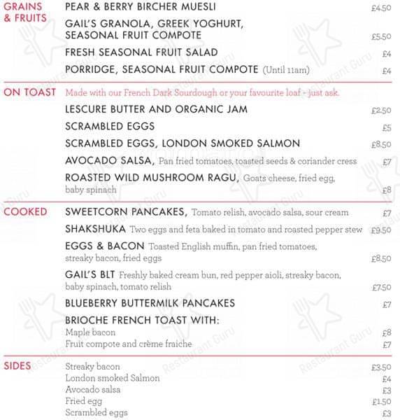 Menu at GAIL's Bakery Belsize Park, London, 167 Haverstock Hill
