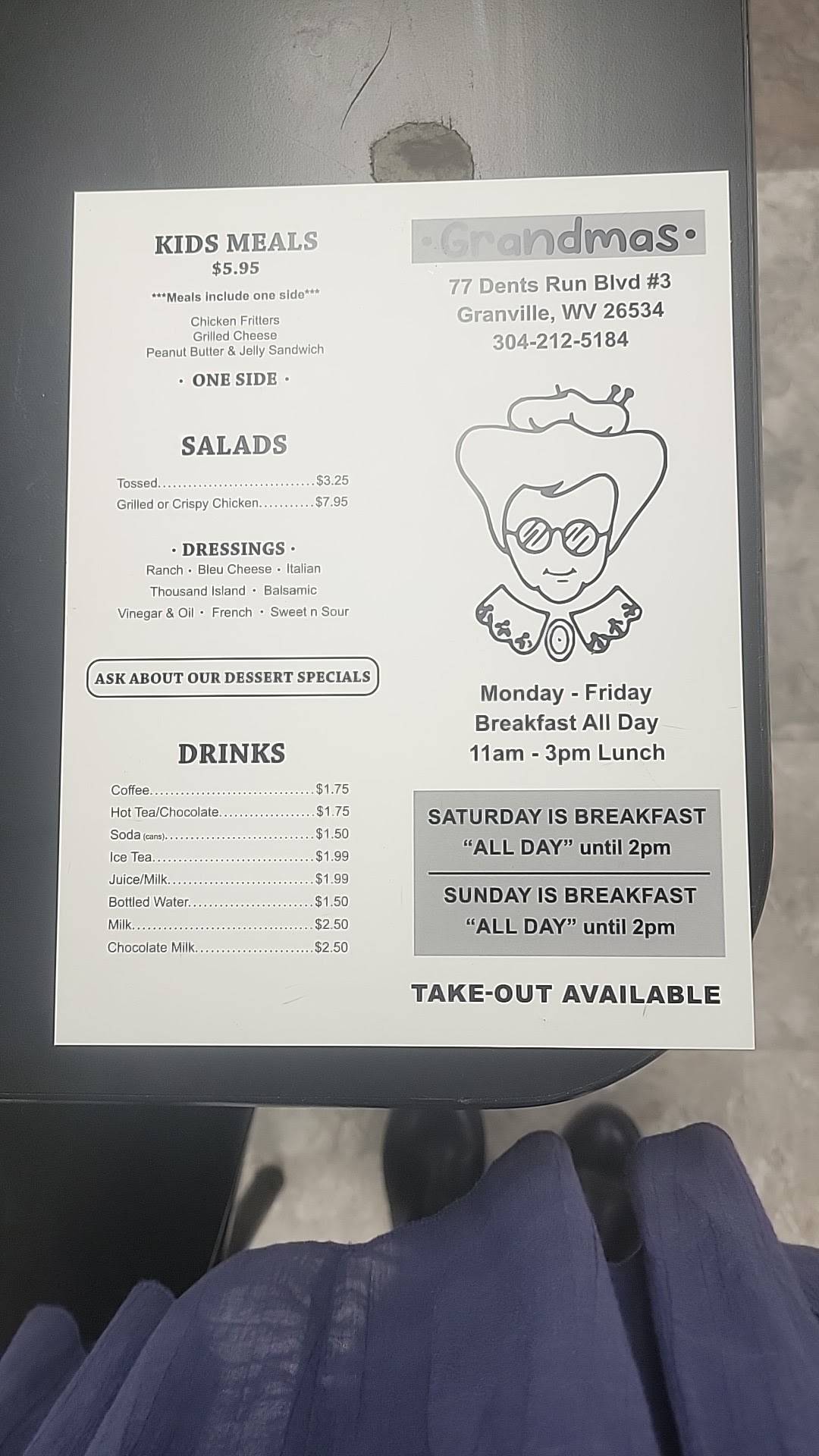 Menu at Grandma's Country Kitchen restaurant, Westover