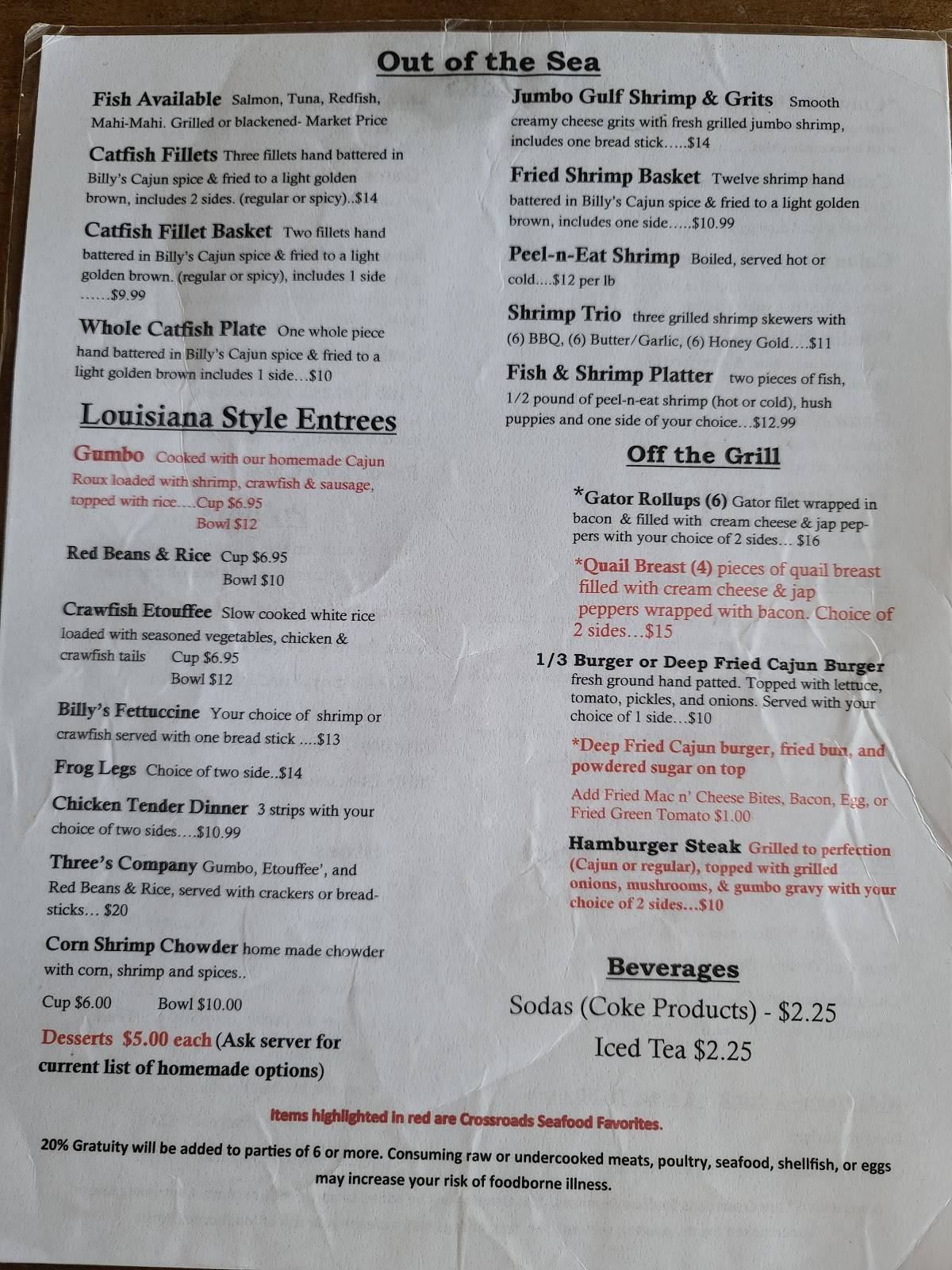 Menu at Crossroads Seafood restaurant, Hernando