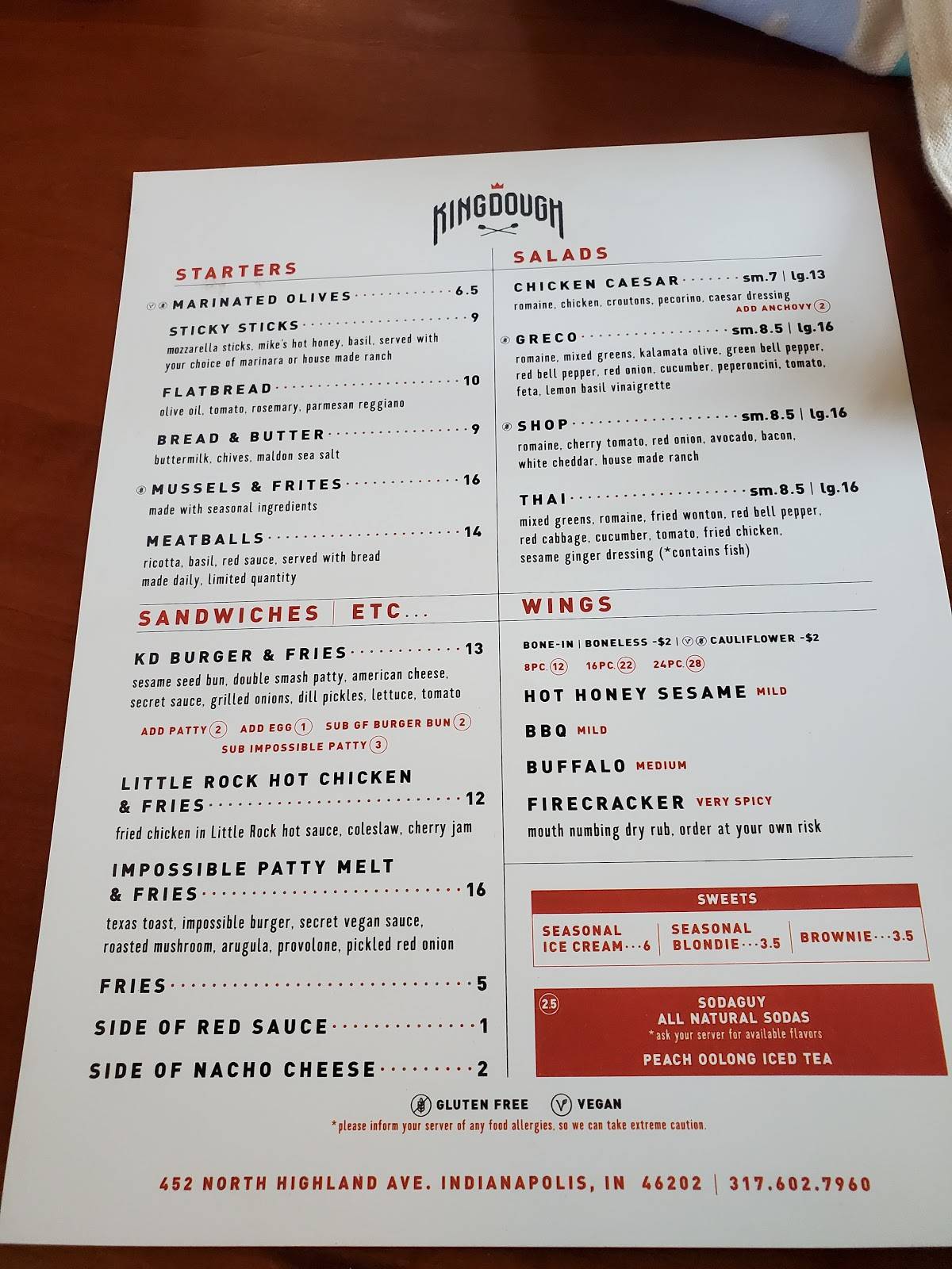 Menu at King Dough pizzeria, Indianapolis