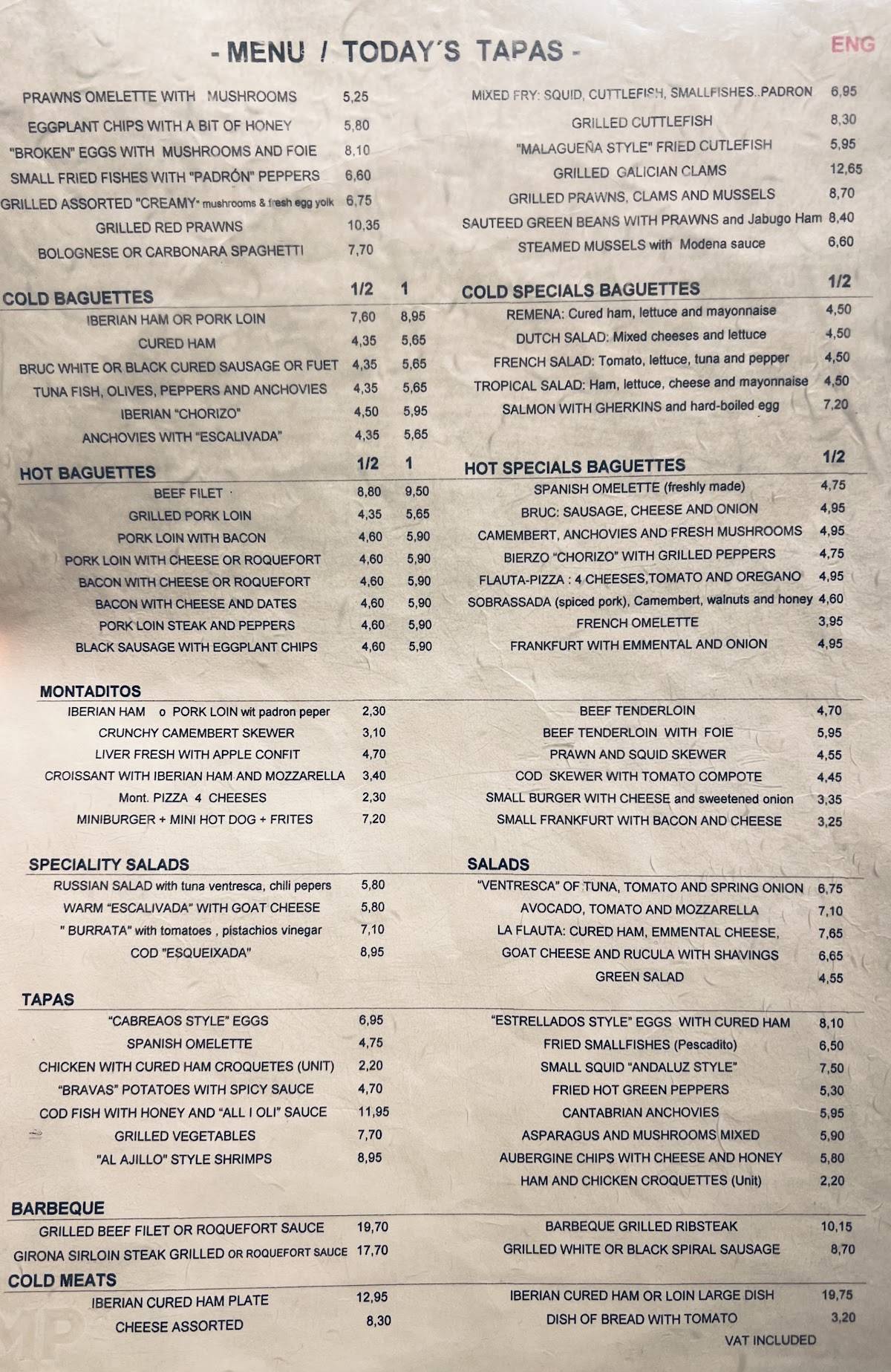 Carta del restaurante La Flauta, Barcelona, Carrer d'Aribau
