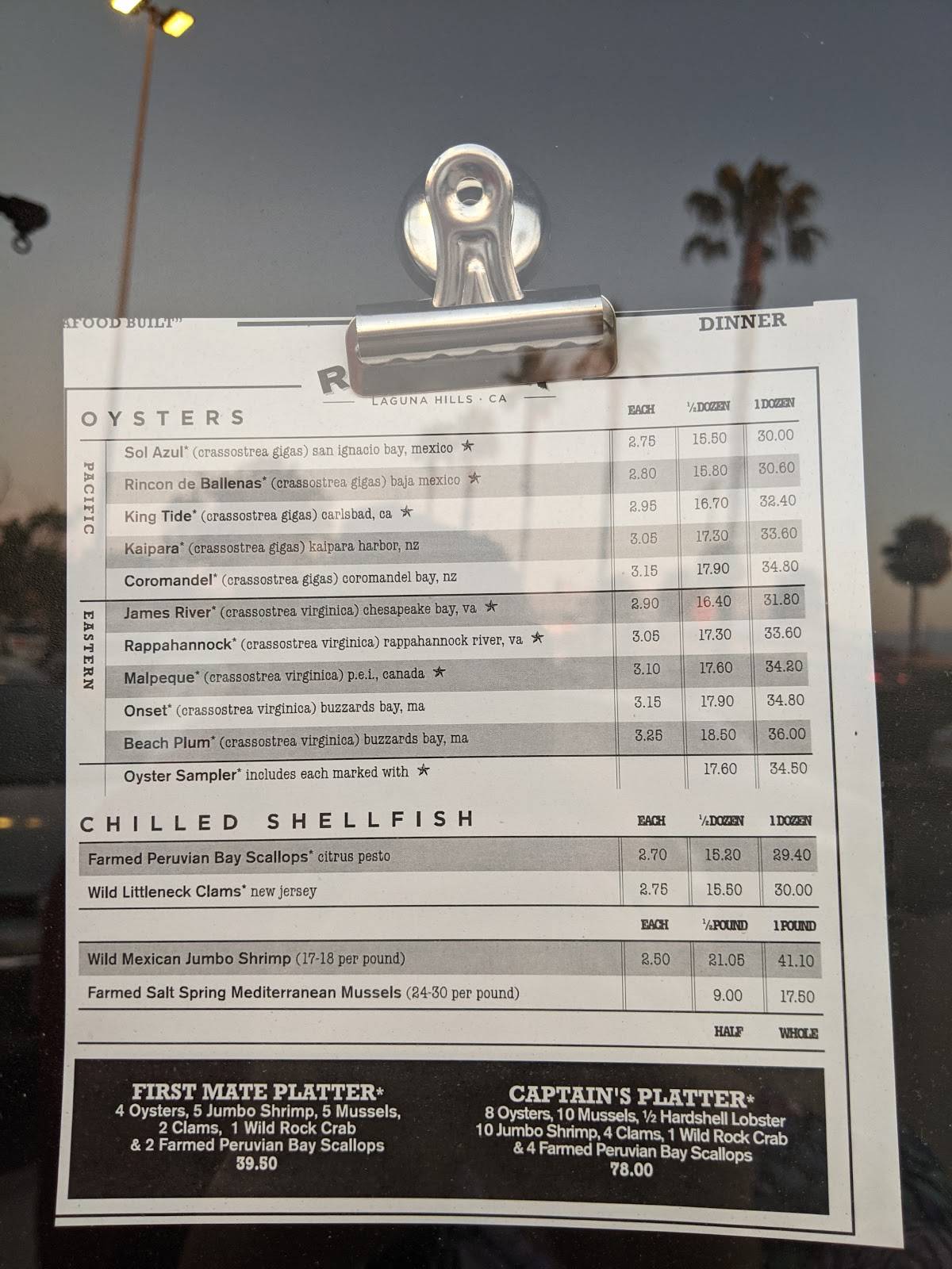 Menu at King's Fish House restaurant, Laguna Hills
