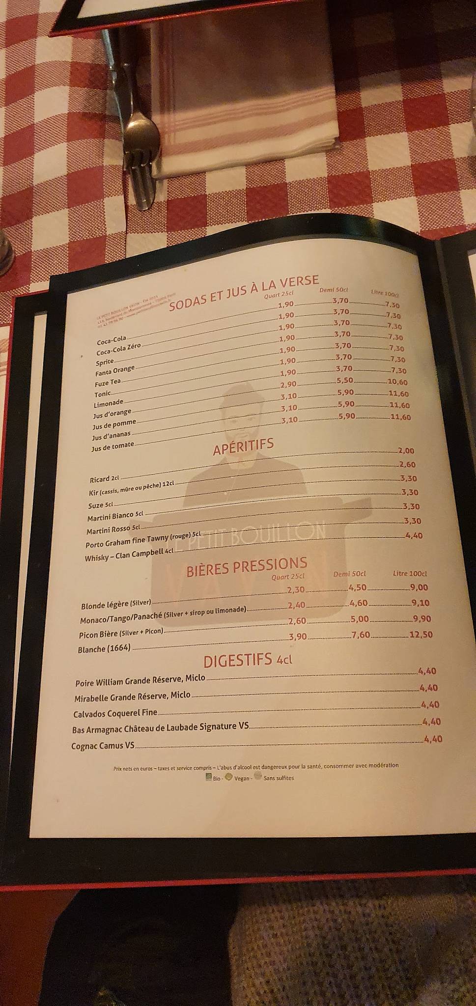 Menu au Le Petit Bouillon Vavin restaurant, Paris