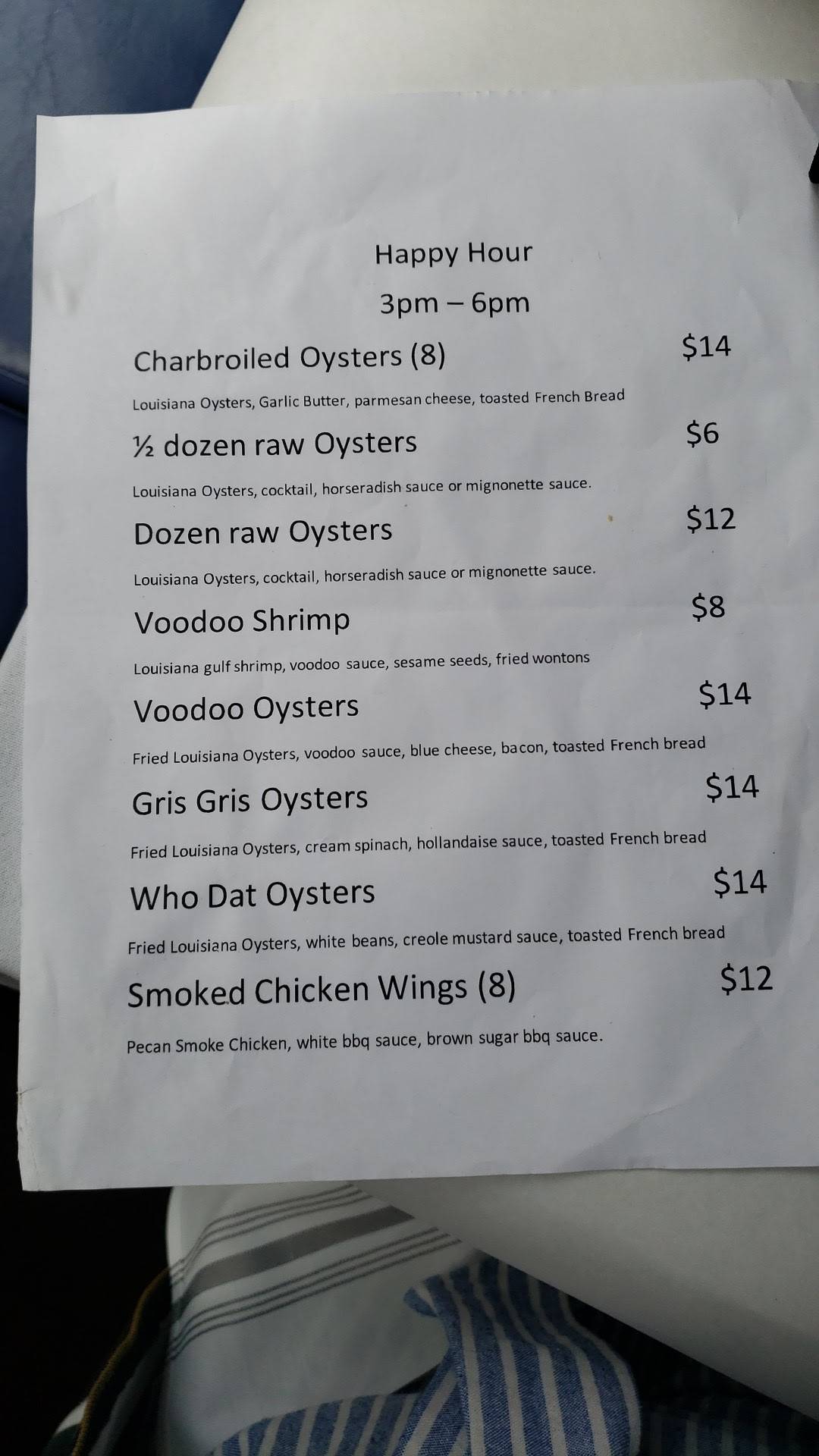 Menu at Legacy Kitchen's Tacklebox restaurant, New Orleans