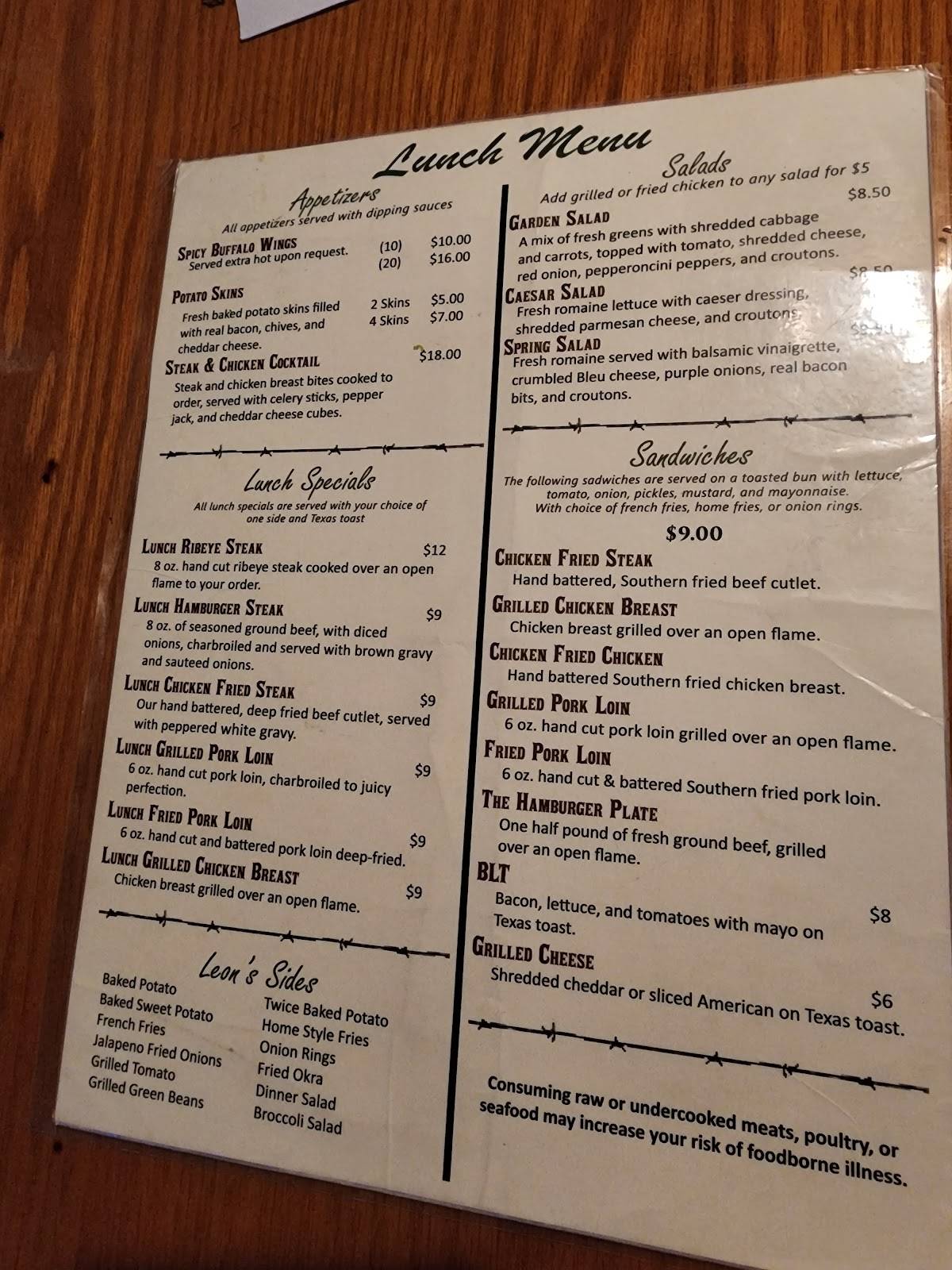 Menu at Leon's Steakhouse Saloon, Longview