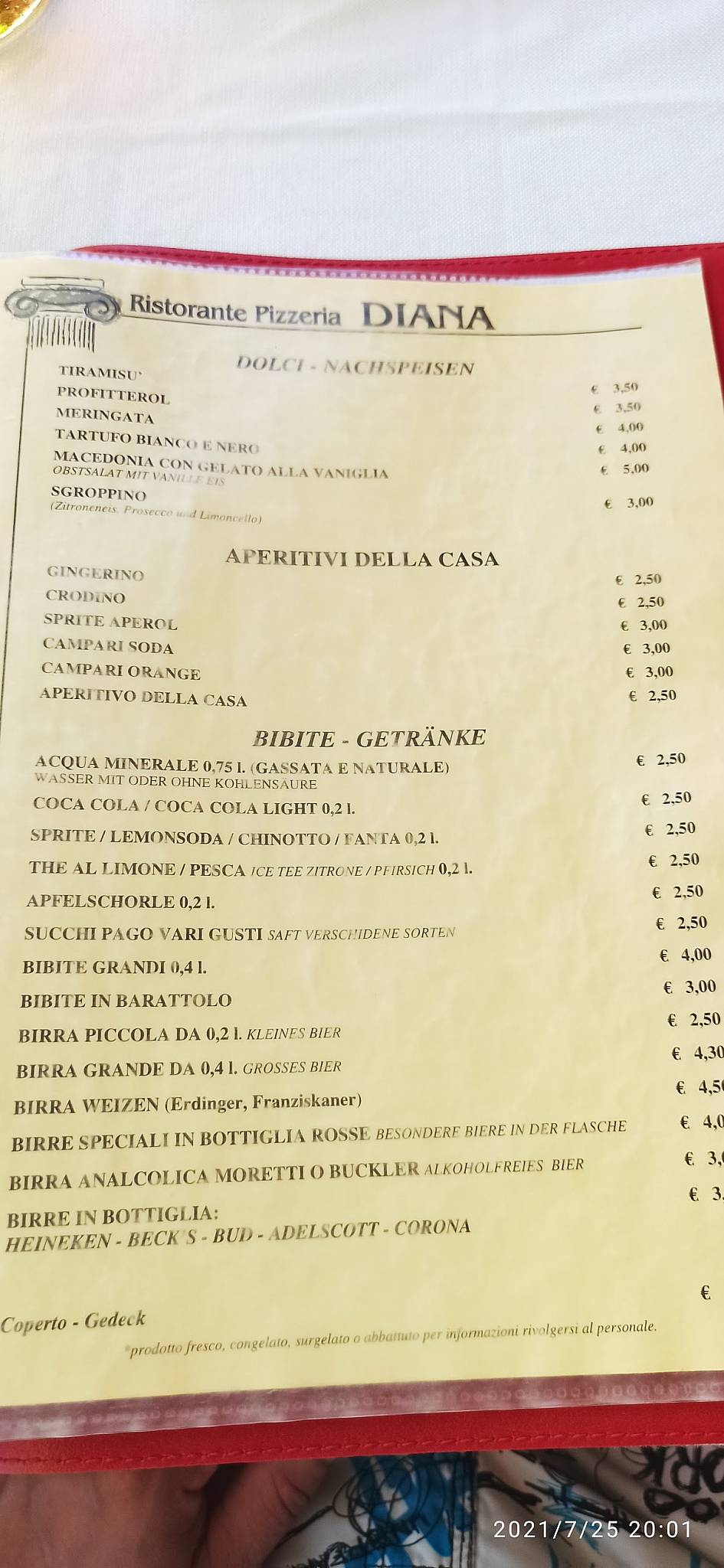 Speisekarte von Ristorante Pizzeria Diana, Lignano Sabbiadoro