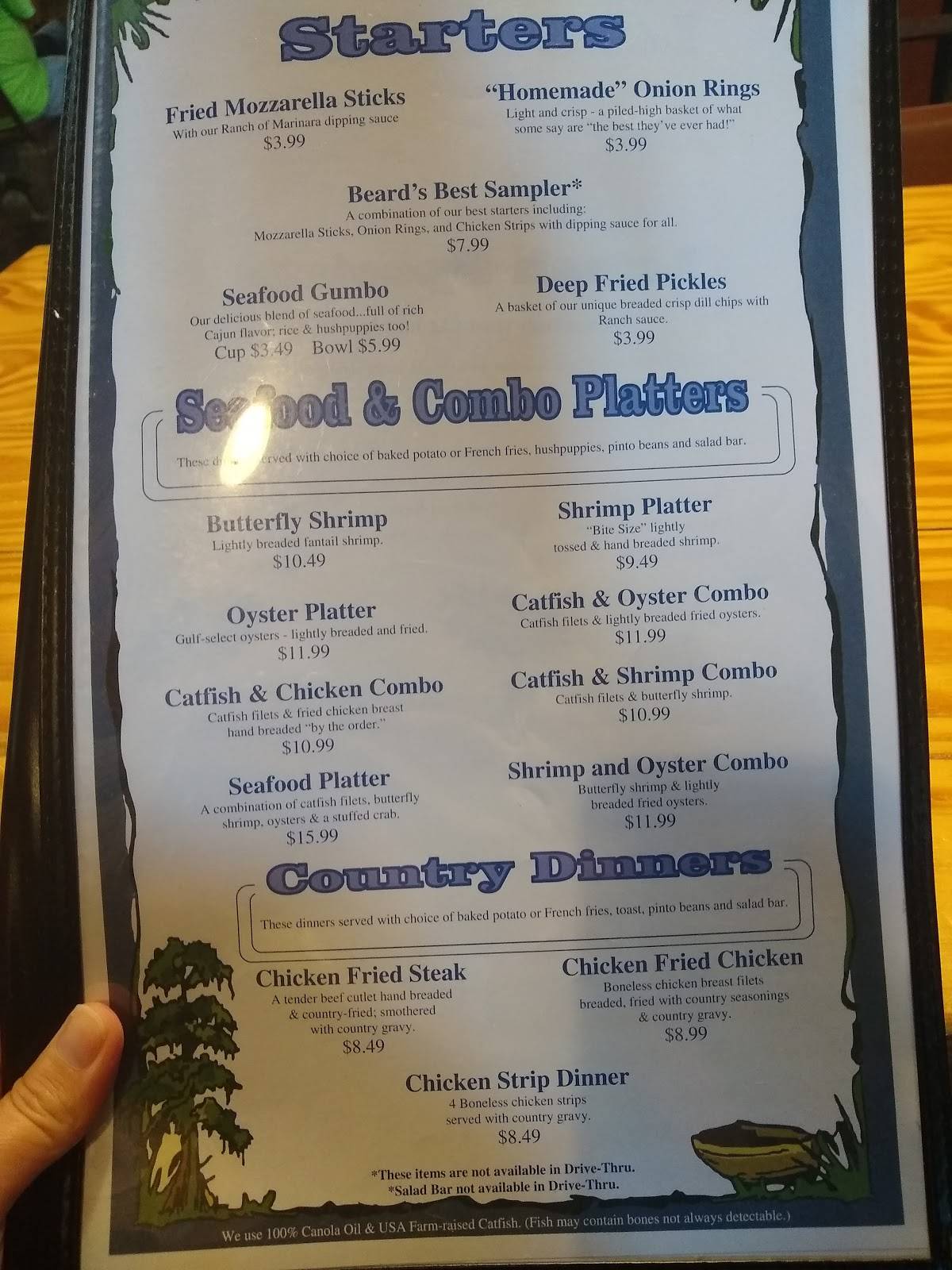 Menu at David Beard's Catfish King restaurant, Livingston, US59 Loop N