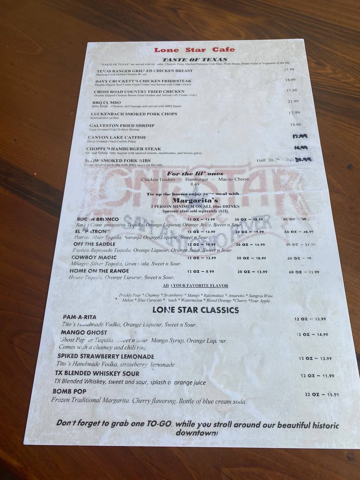 Menu at Lone Star Cafe, San Antonio, 237 Losoya St