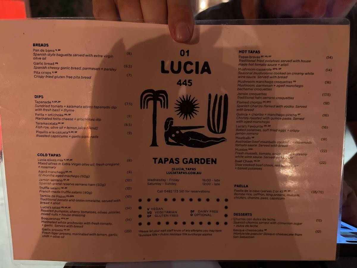 Menu at Lucia Tapas Garden restaurant, Tugun