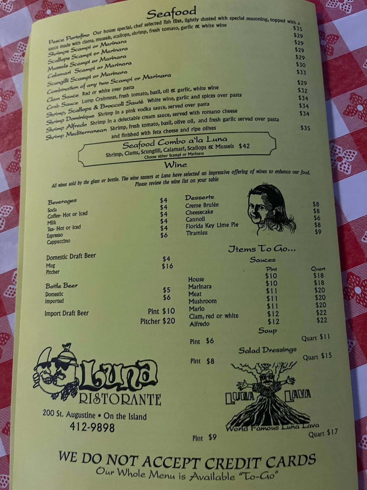 Menu at Luna Restaurant, Venice