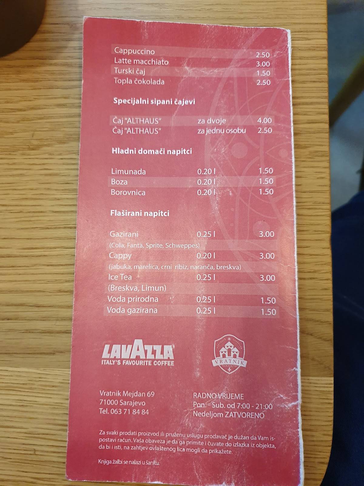 Menu au MEYDAN café slastičarna, Sarajevo