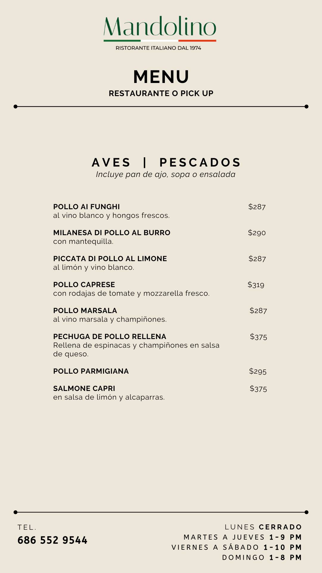 Carta del pub y bar Mandolino Ristorante Italiano, Mexicali