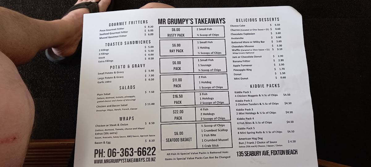 Menu at Mr Grumpys Takeaways restaurant, Foxton, 135 Seabury Ave