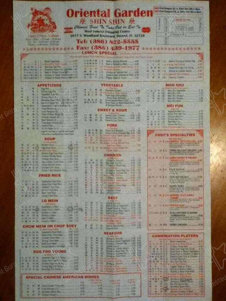 Oriental Garden Chinese Restaurant menu