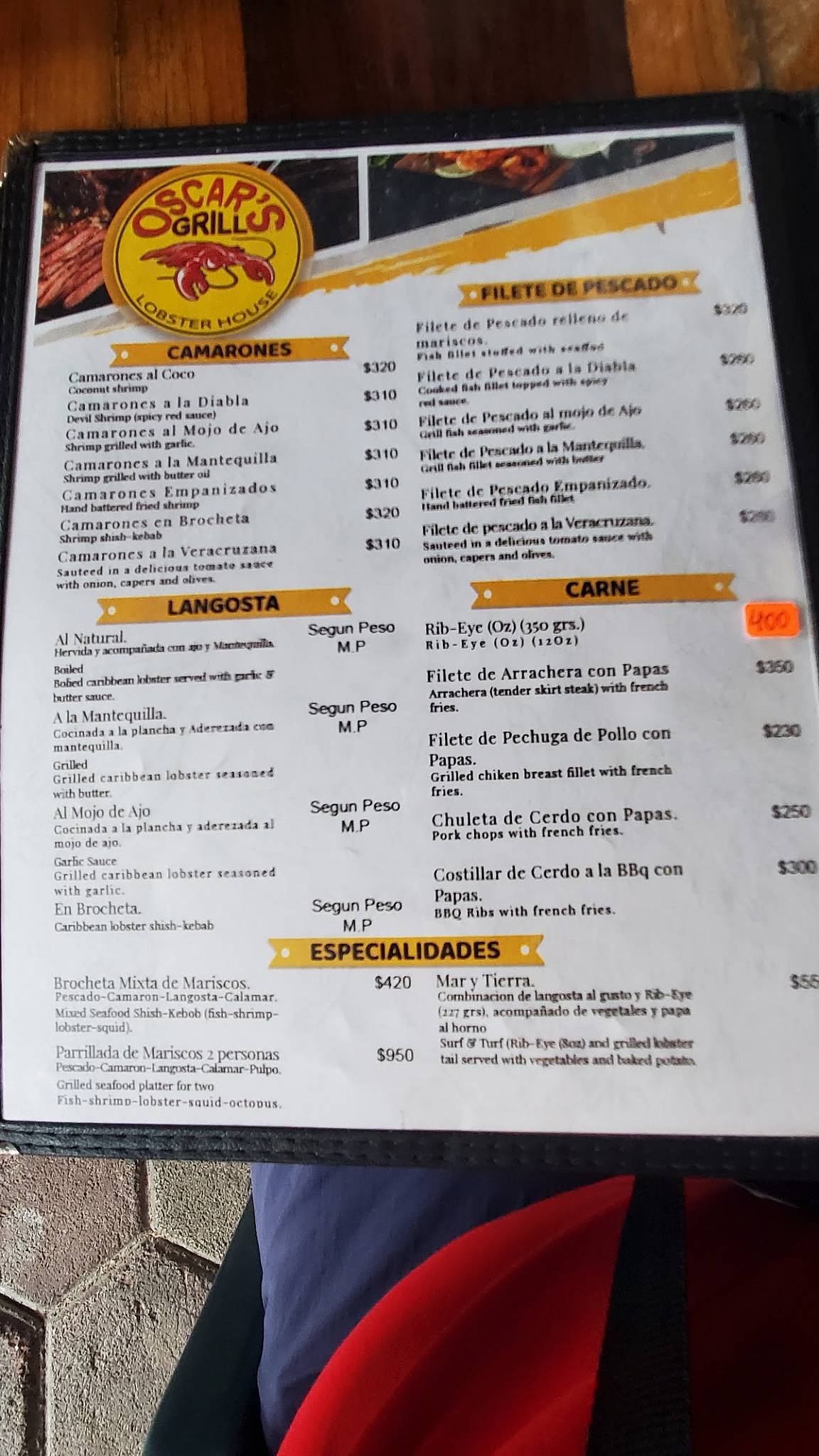 Menu at Oscars Grill pizzeria, Isla Mujeres