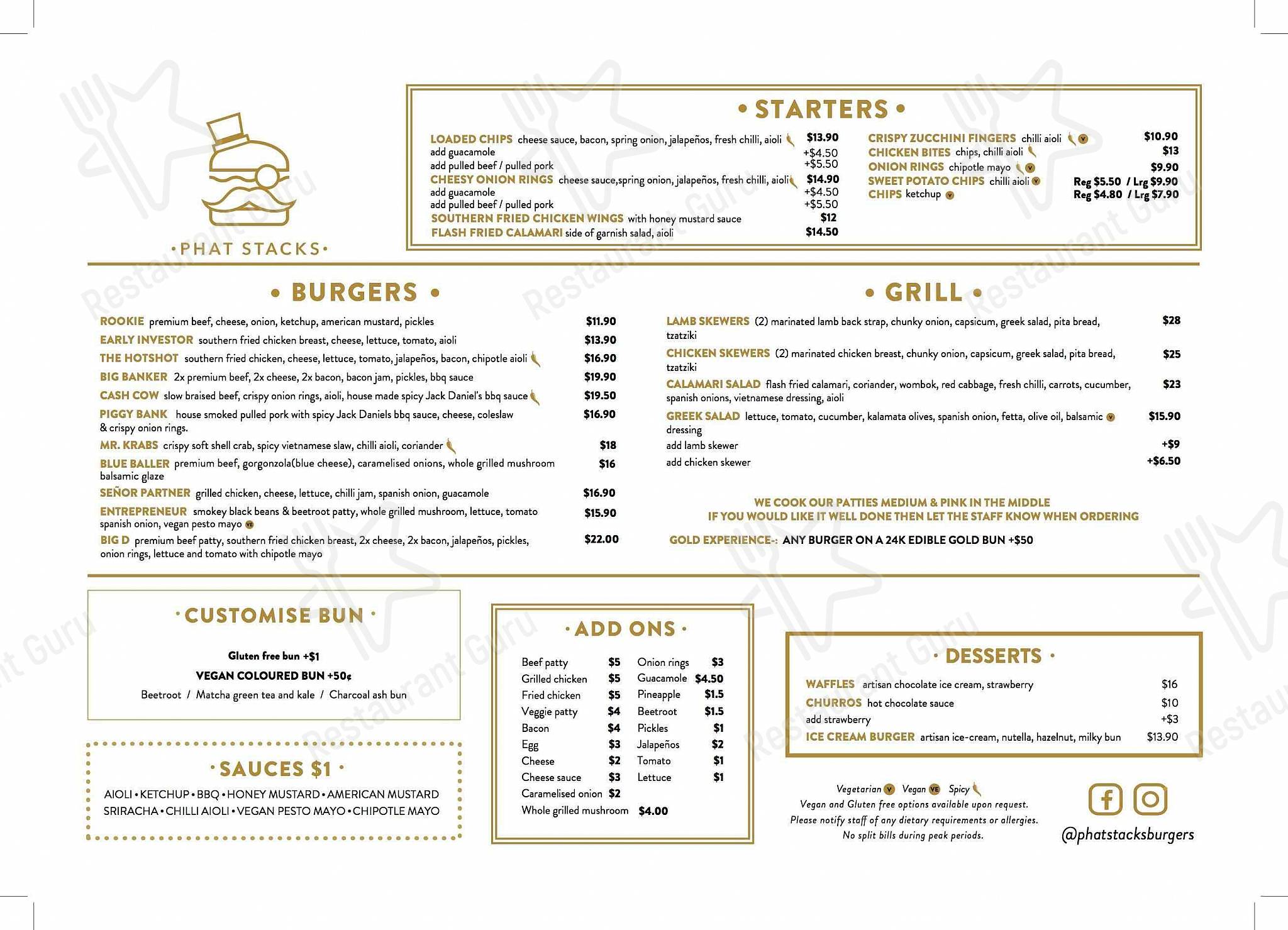Menu at Phat Stacks Burger Bar, Camberwell