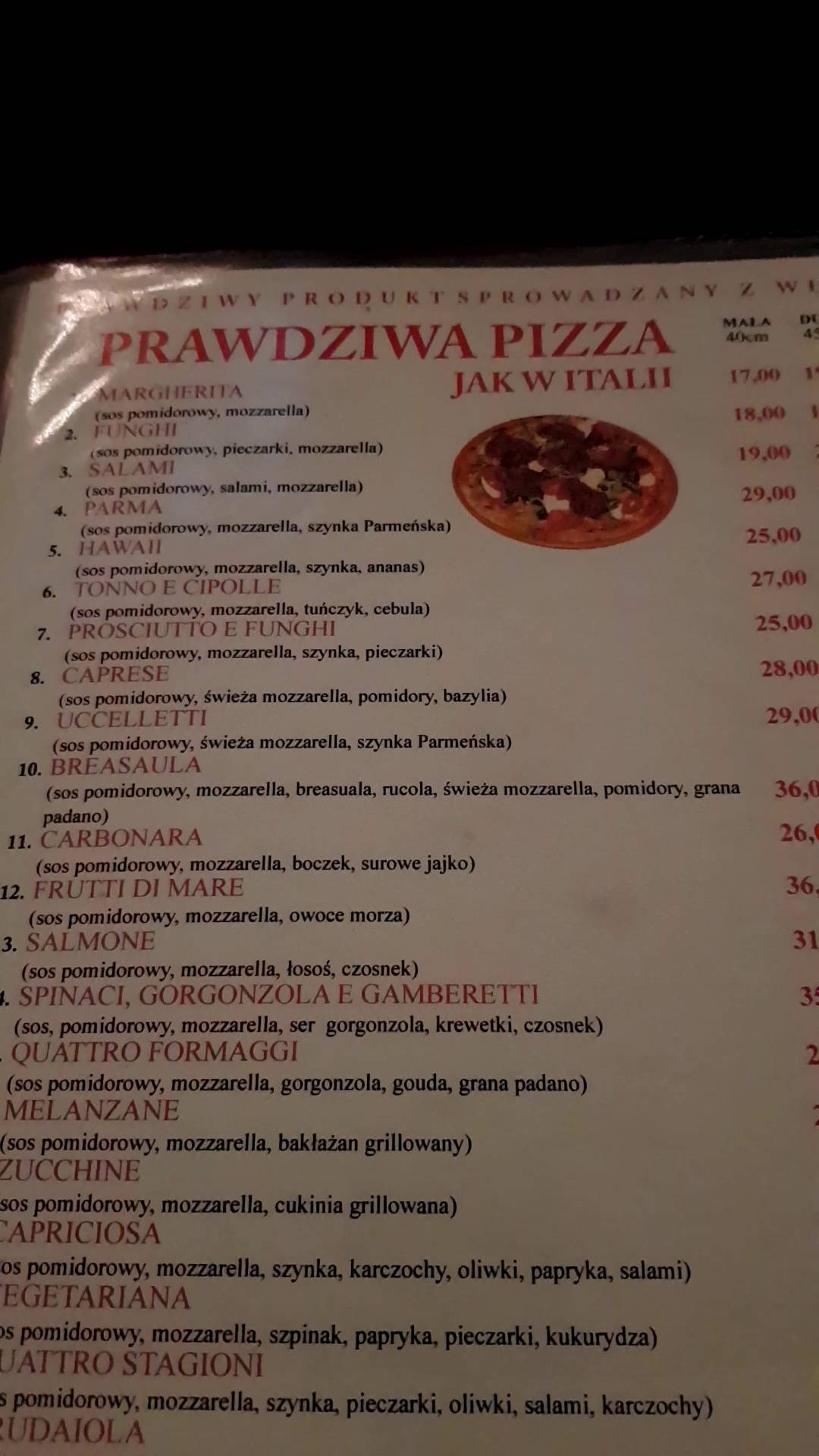 Menu at Piccola Italia restaurant, Mielec