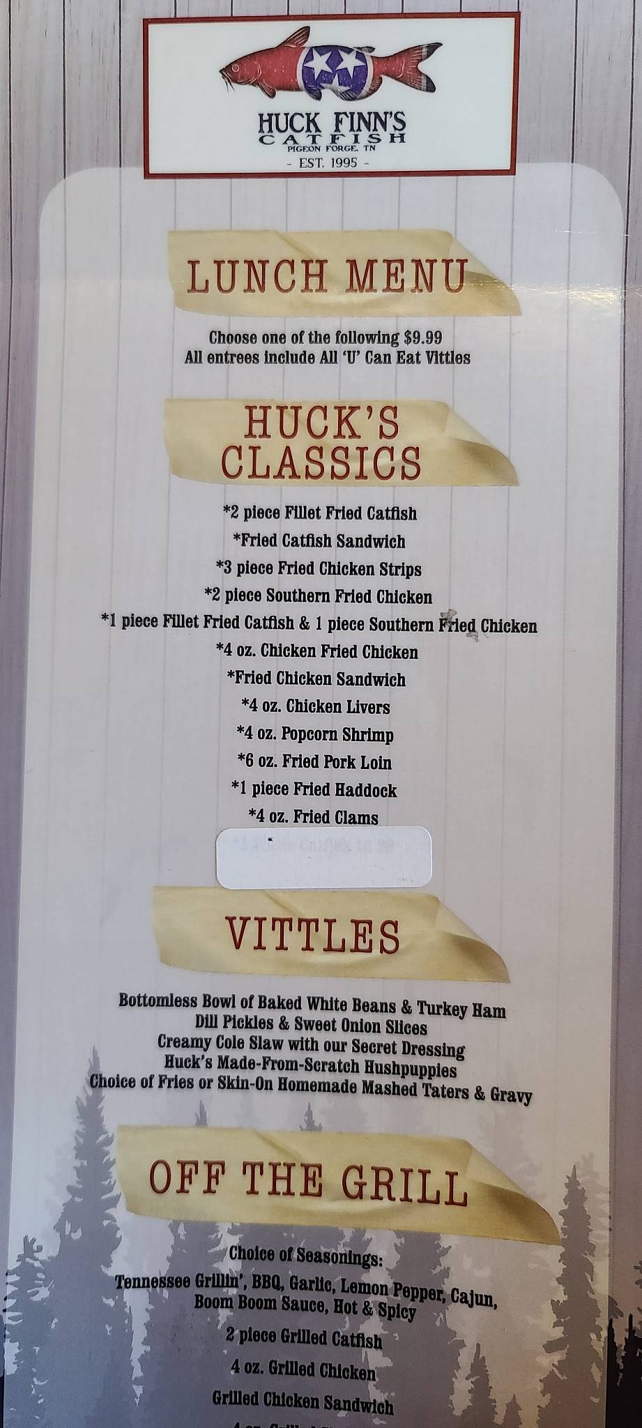 Menu at Huck Finn's Catfish restaurant, Pigeon