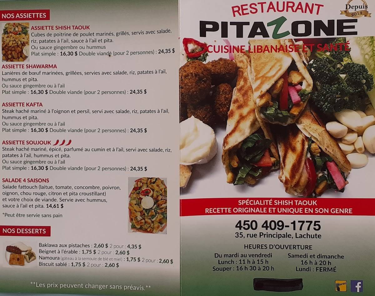 Menu au Pita Zone fast food, Lachute