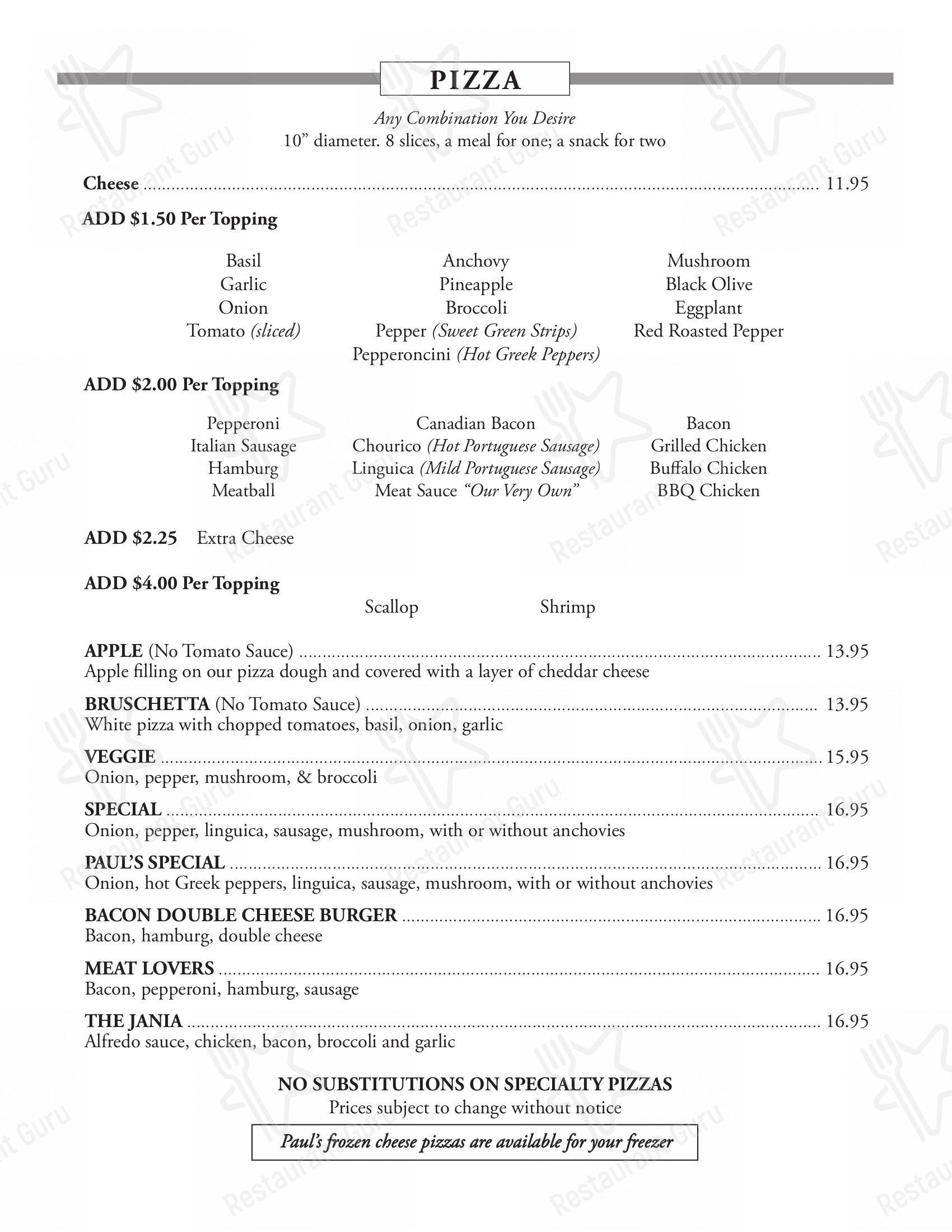 Menu at Paul's Pizza & Seafood pizzeria, Falmouth