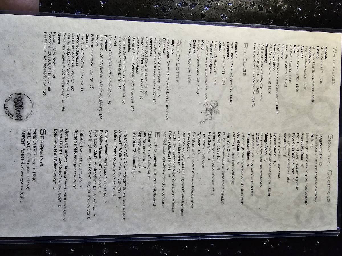 Menu at Poor Calvin's restaurant, Atlanta