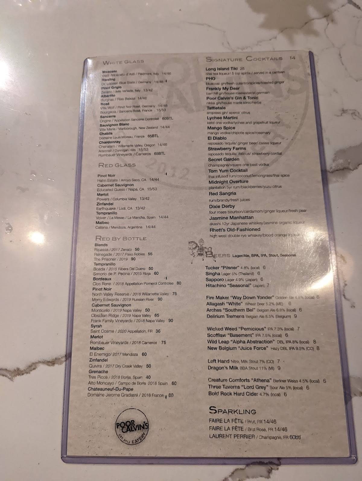 Menu at Poor Calvin's restaurant, Atlanta